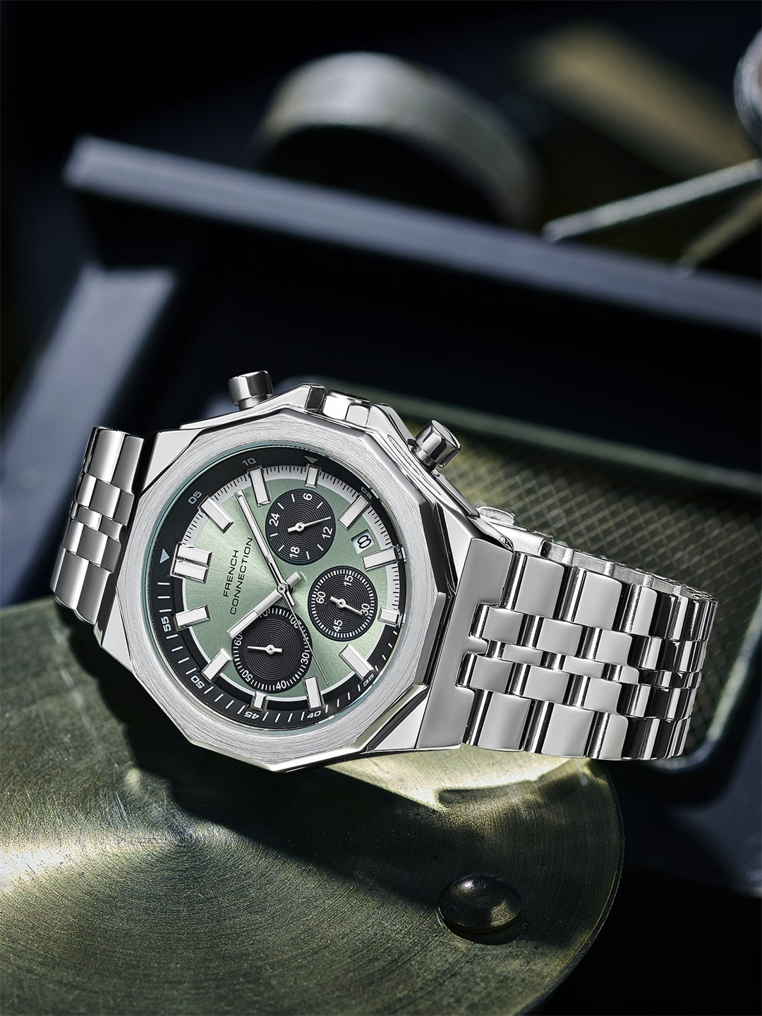 French Connection Crownex | Quartz Chronograph | Green Sunray Dial | Stainless Steel Strap | Watch for Men - FCB28NSM