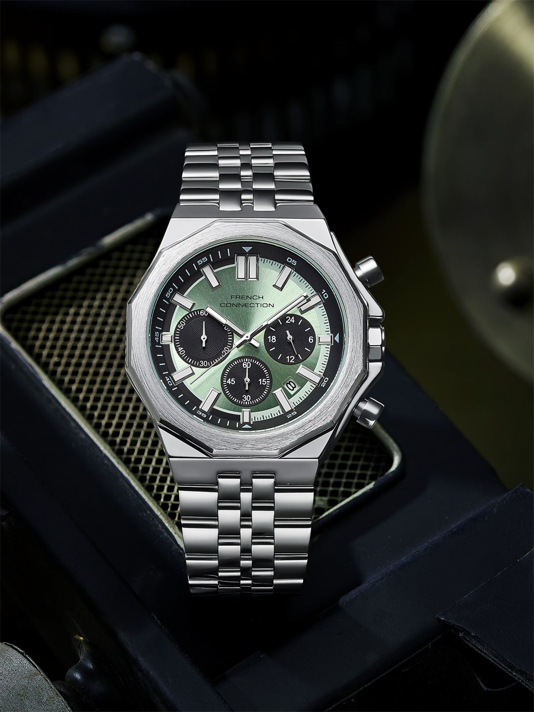French Connection Crownex | Quartz Chronograph | Green Sunray Dial | Stainless Steel Strap | Watch for Men - FCB28NSM