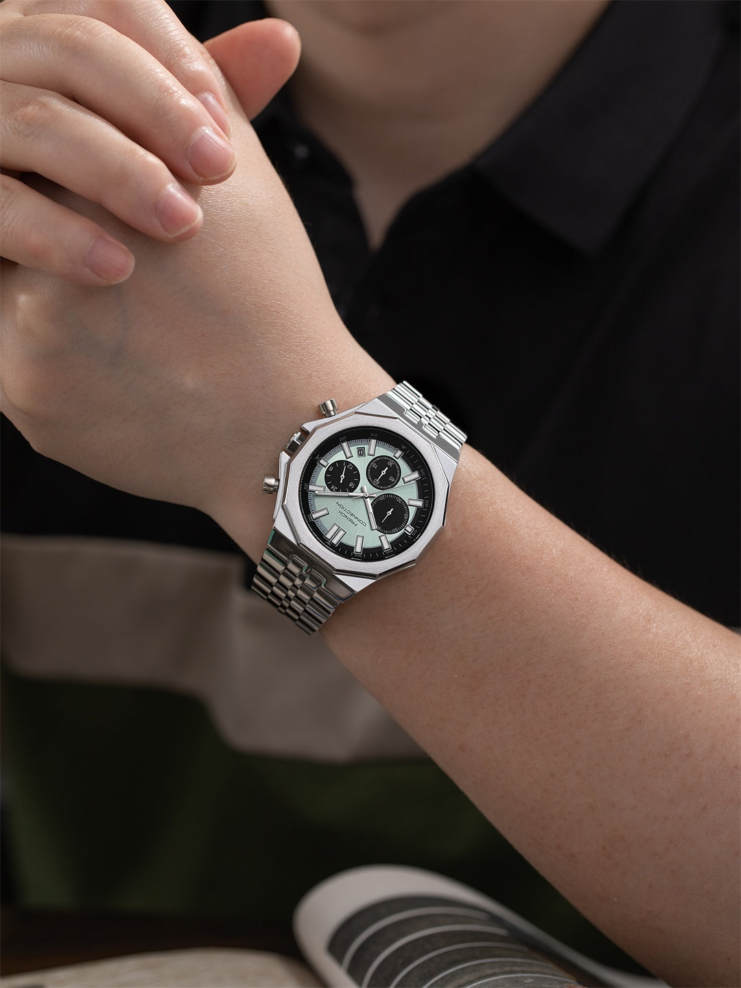 French Connection Crownex | Quartz Chronograph | Green Sunray Dial | Stainless Steel Strap | Watch for Men - FCB28NSM