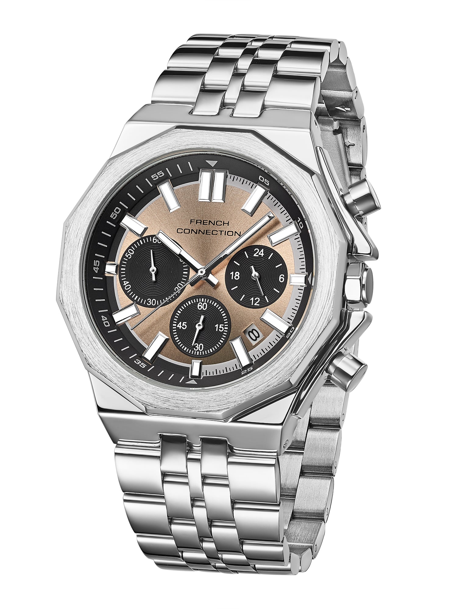 French Connection Crownex | Quartz Chronograph | Beige Sunray Dial | Stainless Steel Strap | Watch for Men - FCB28SM-R