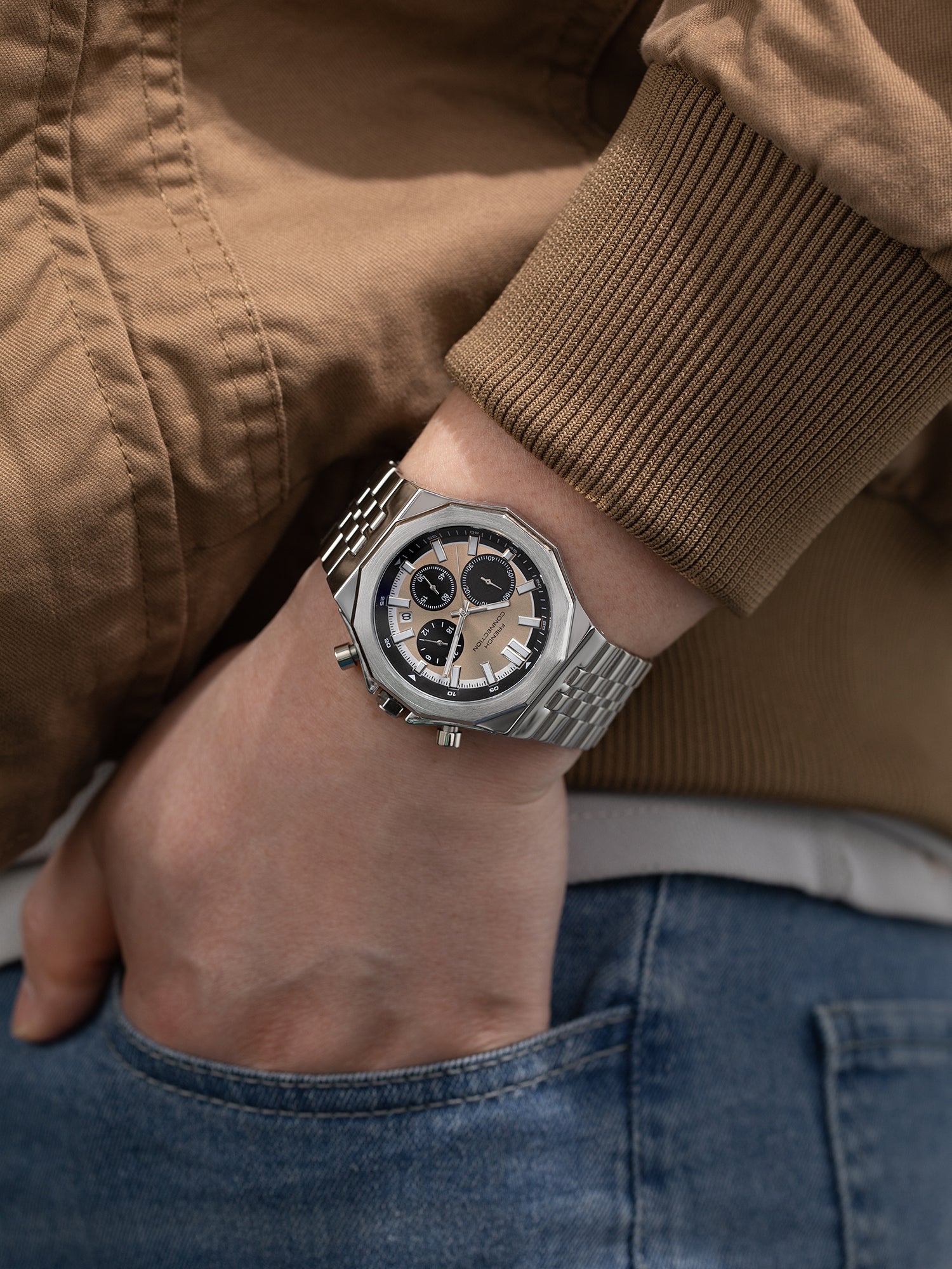 French Connection Crownex | Quartz Chronograph | Beige Sunray Dial | Stainless Steel Strap | Watch for Men - FCB28SM-R