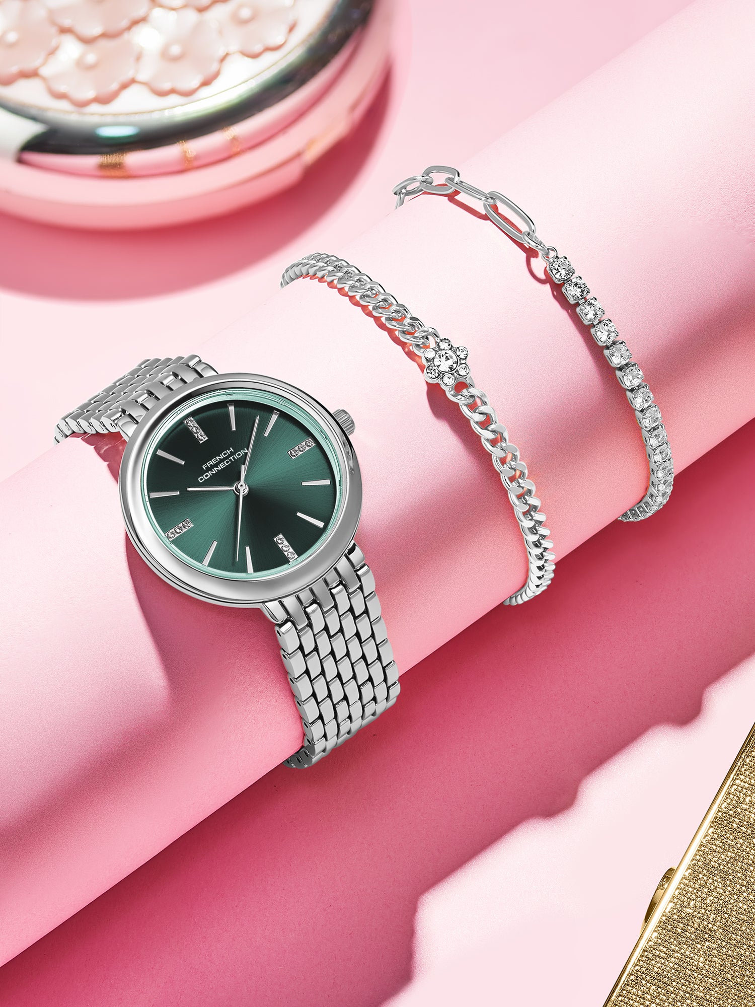 French Connection Green Dial with Silver Strap Womens Analog Watch | FCB29NSM