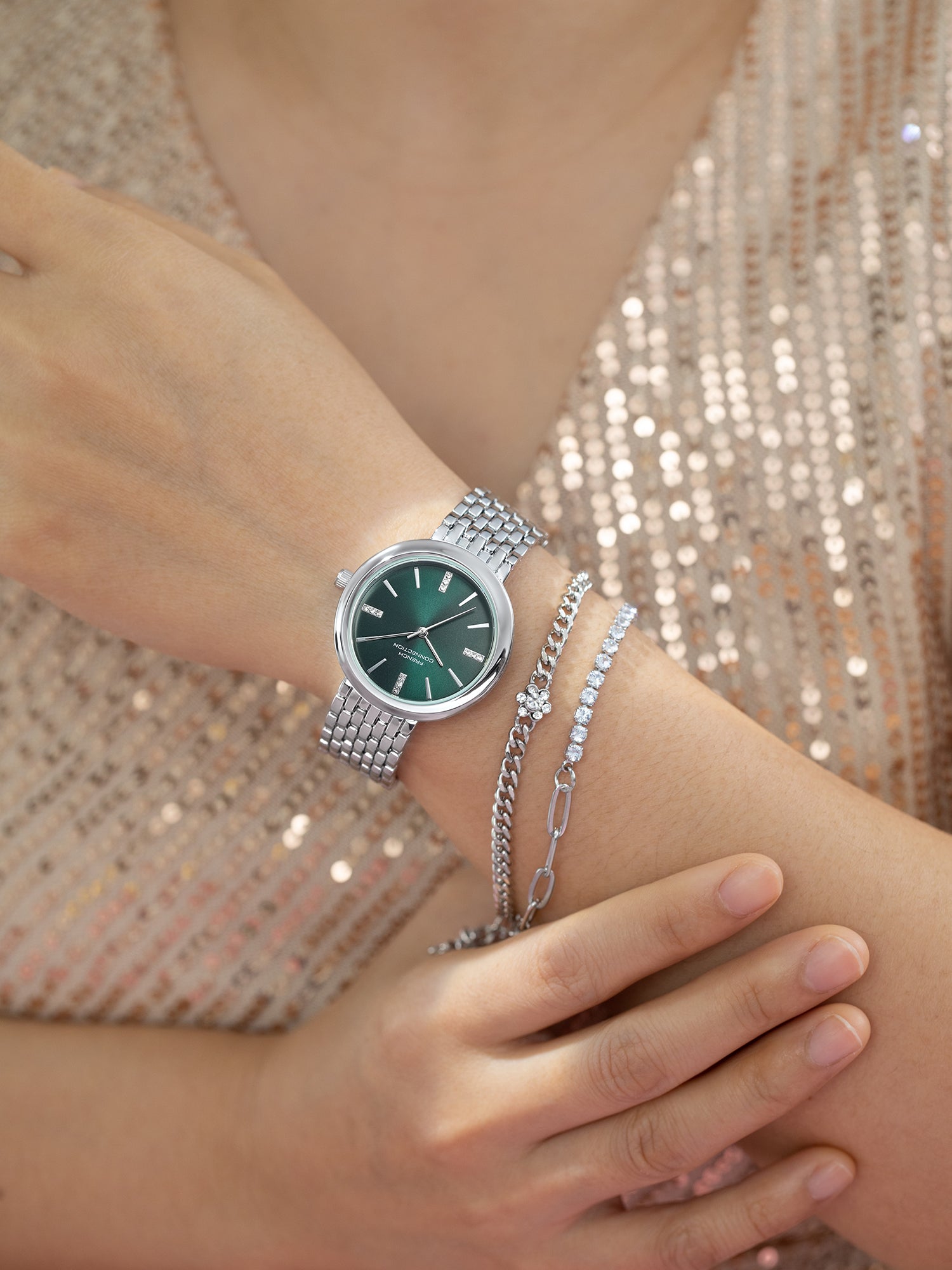 French Connection Green Dial with Silver Strap Womens Analog Watch | FCB29NSM