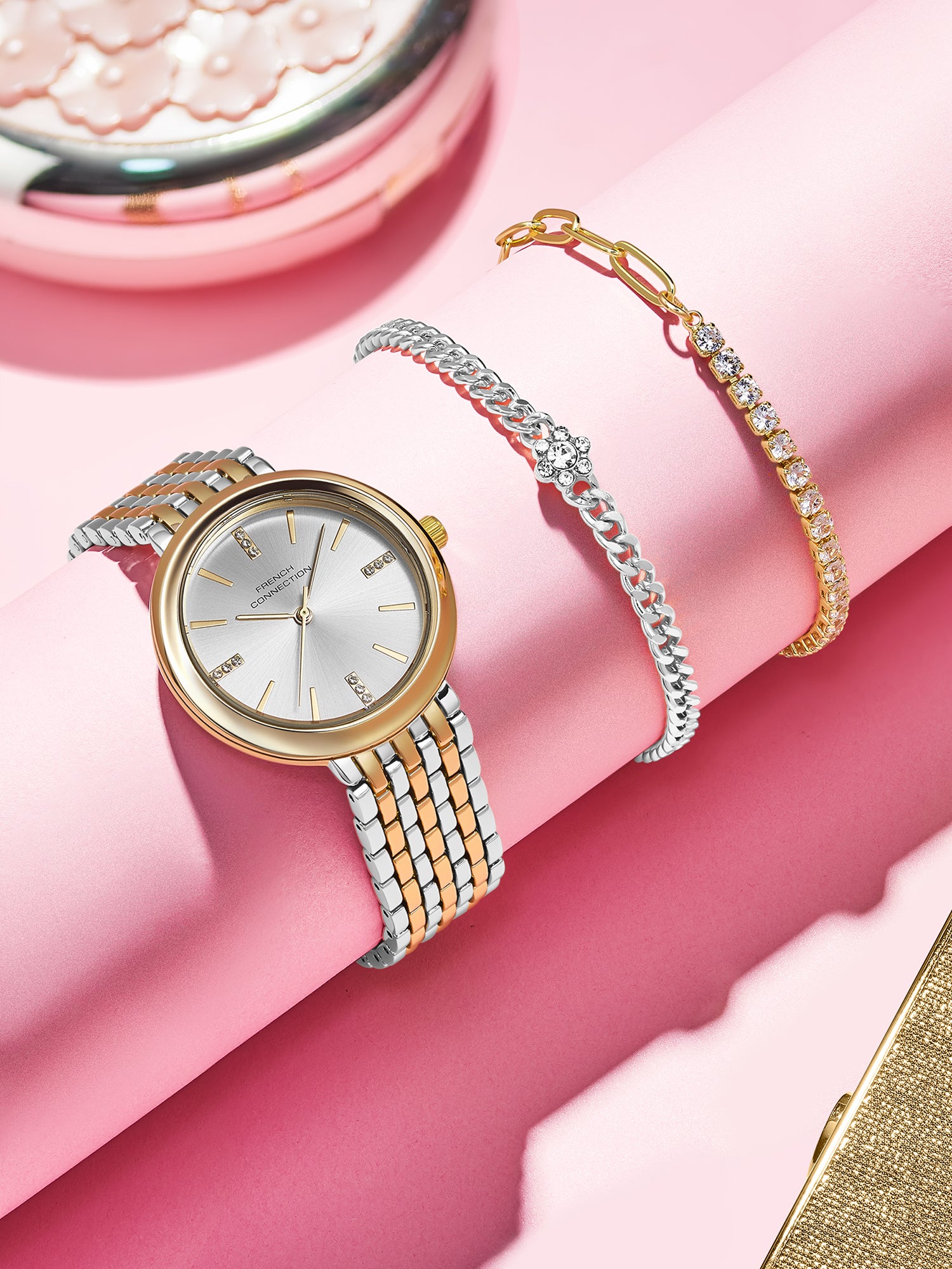 French Connection Silver Dial with Gold Strap Womens Analog Watch | FCB29STM