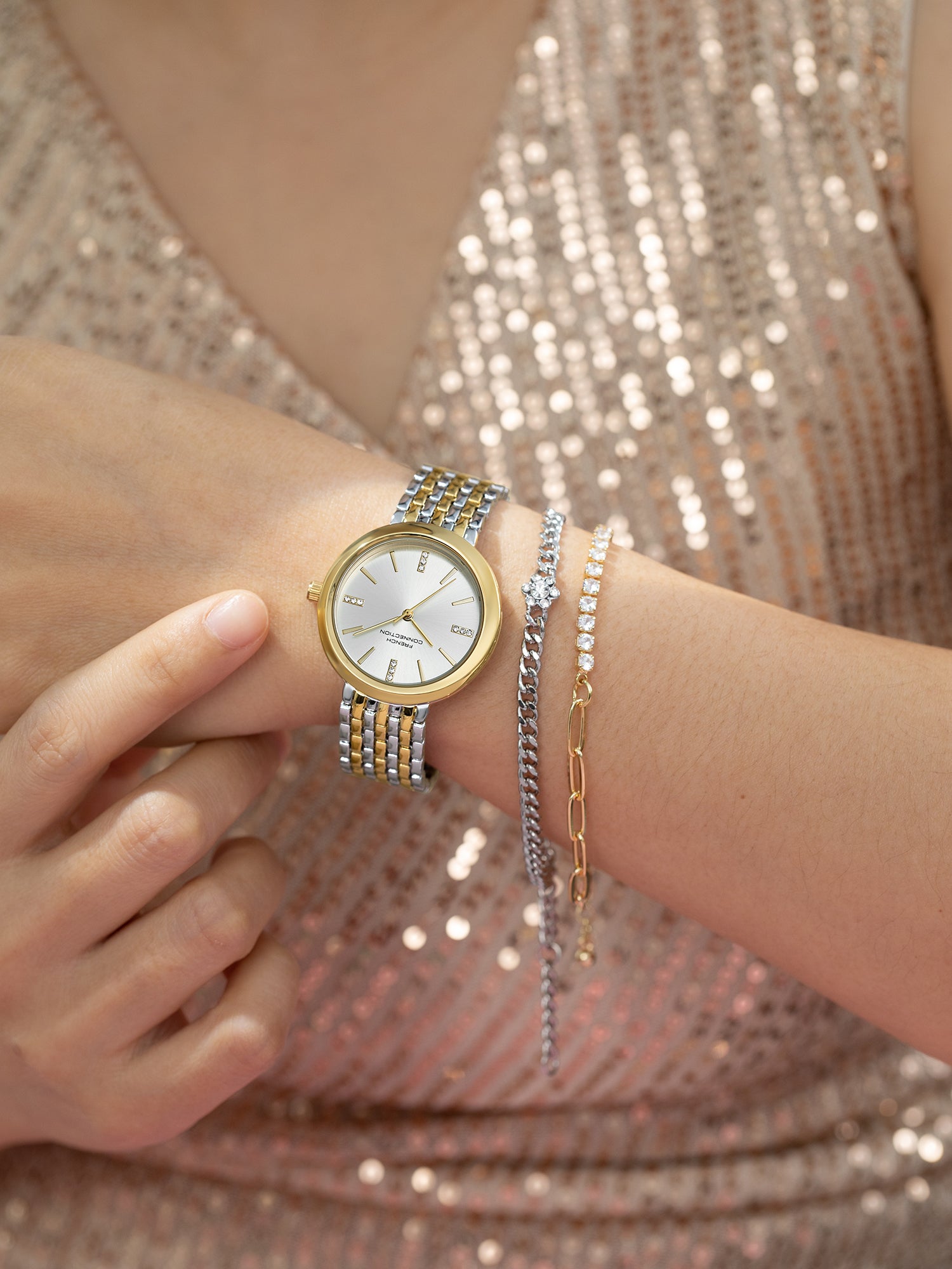 French Connection Silver Dial with Gold Strap Womens Analog Watch | FCB29STM
