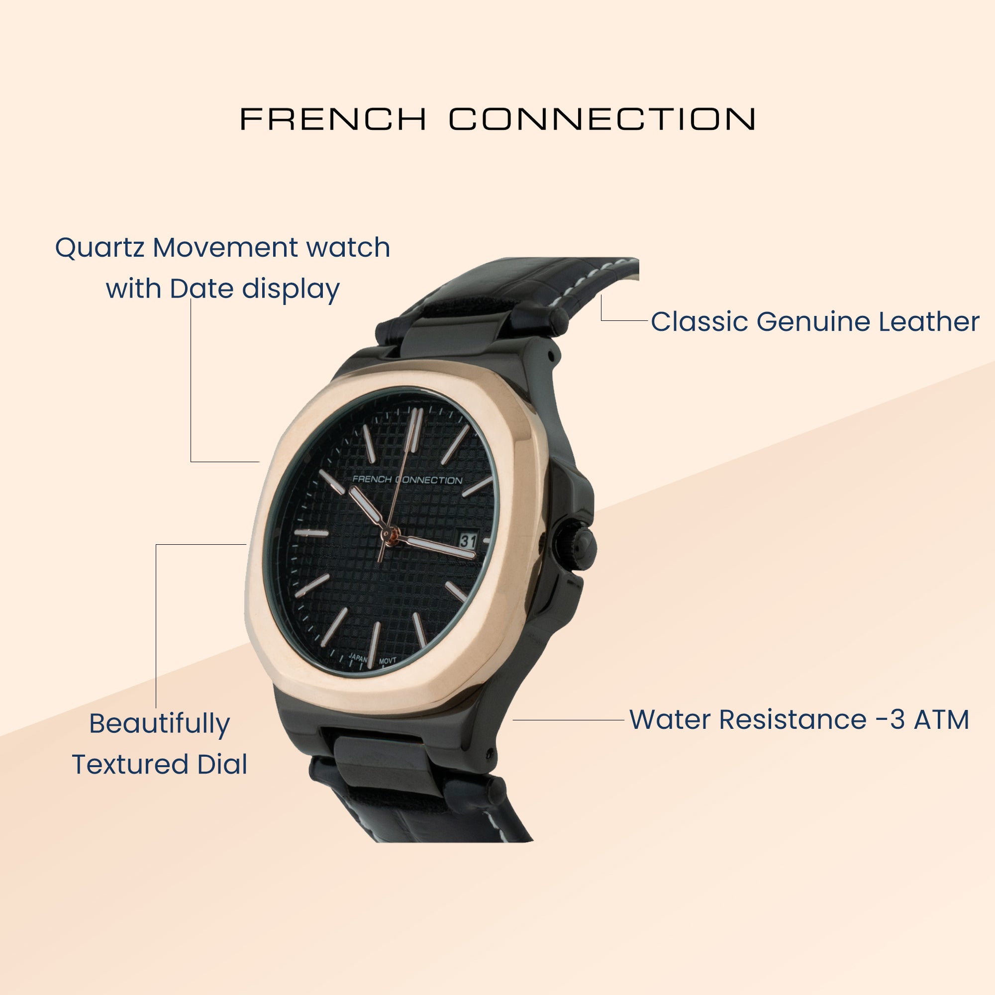 French Connection Analogue Black Dial Men's Watch -FCB2BL