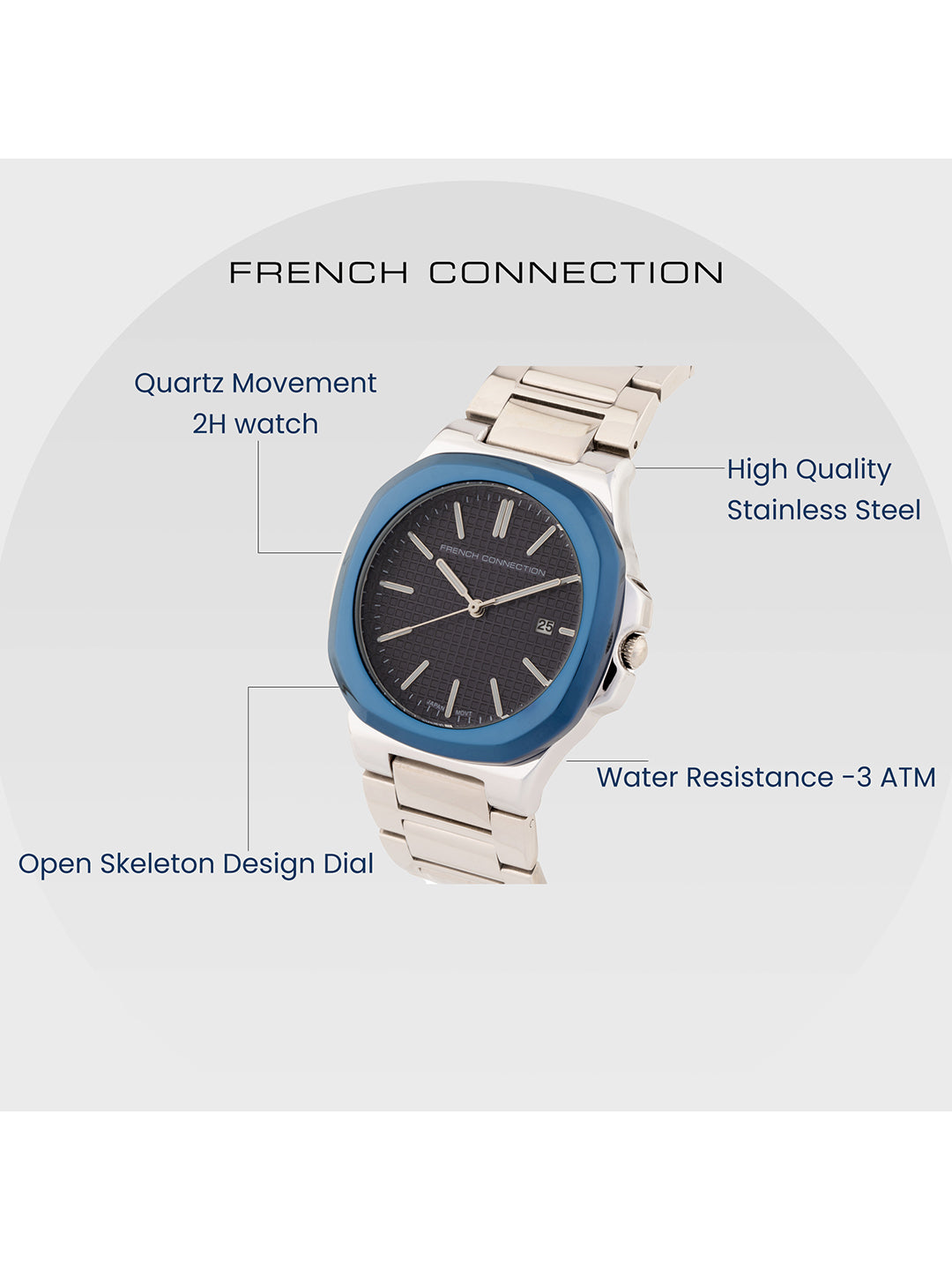 French Connection FCB2SM Men's Stainless Steel Analogue Watch with Silver Dial & Bracelet Strap