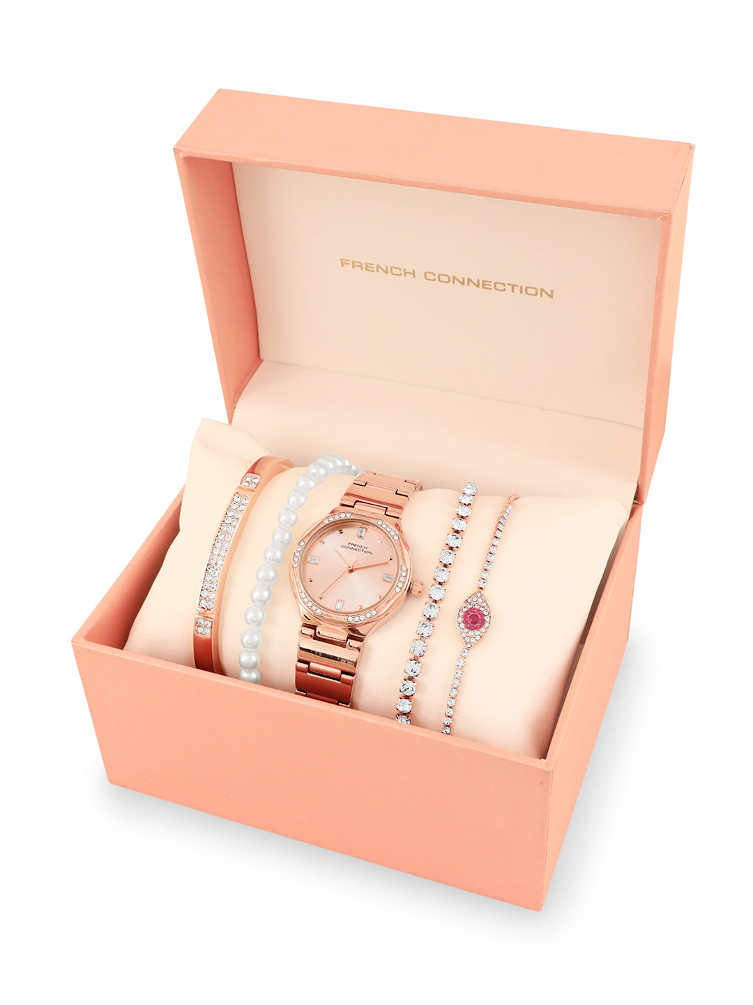 French connection Gift Set Rose Gold Jewellery and Rose Gold Dial Analog Watch - For Women FCB6RGM