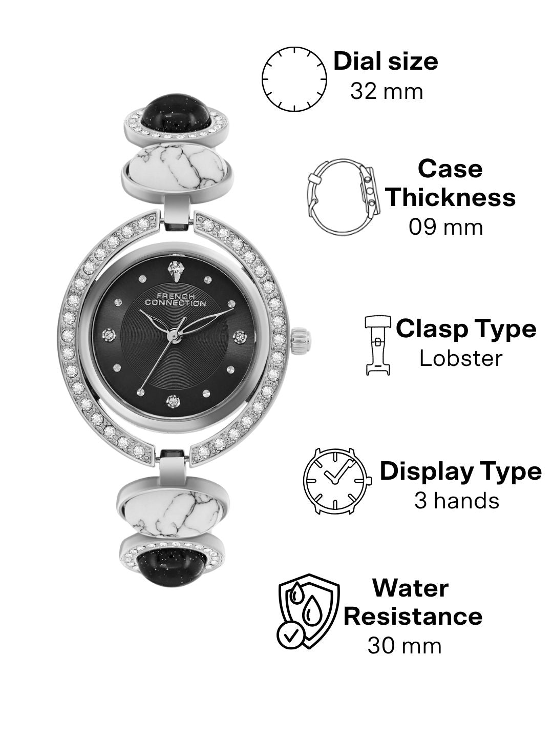 French Connection Sunray Black Round Dial With Stone Strap Watch - For Womens FCD1BSM