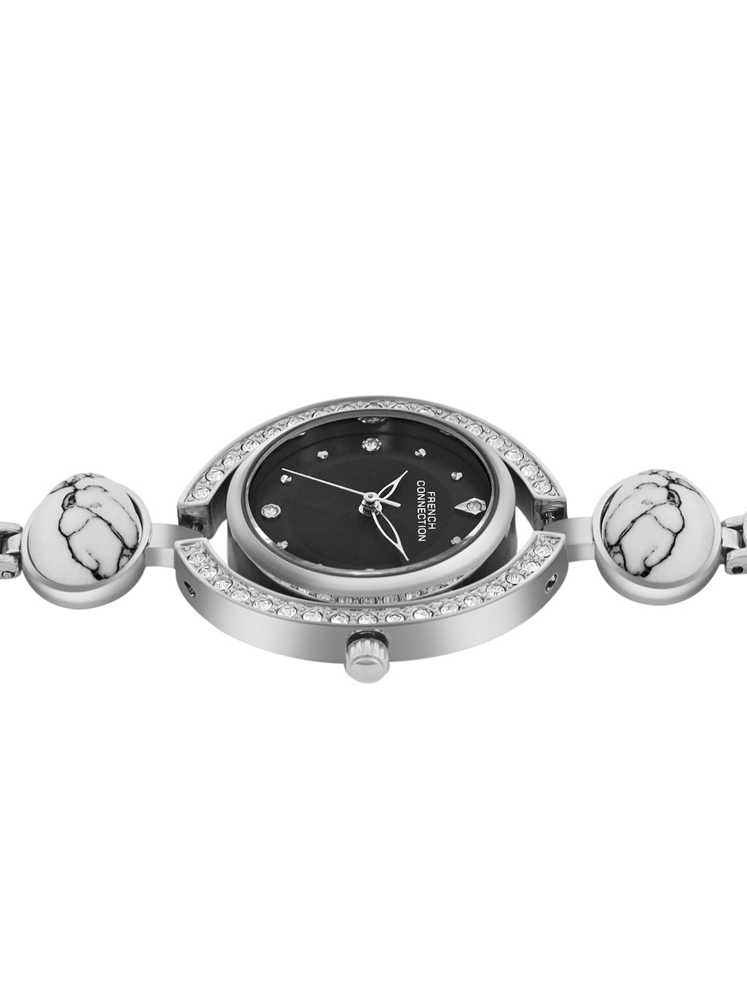 French Connection Sunray Black Round Dial With Stone Strap Watch - For Womens FCD1BSM