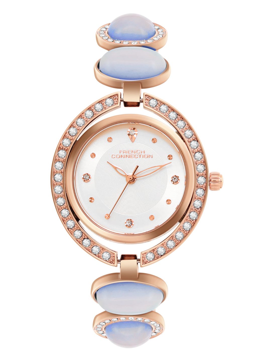 French Connection Sunray Silver Round Dial With Stone Strap Watch - For Womens FCD1SRGM