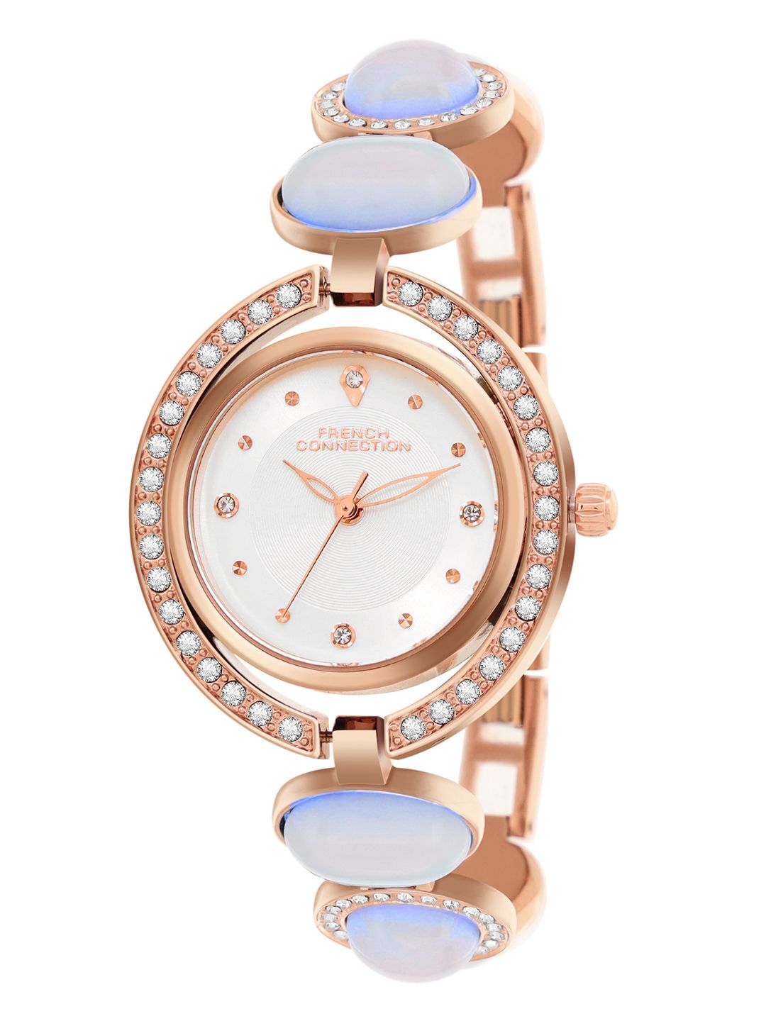 French Connection Sunray Silver Round Dial With Stone Strap Watch - For Womens FCD1SRGM