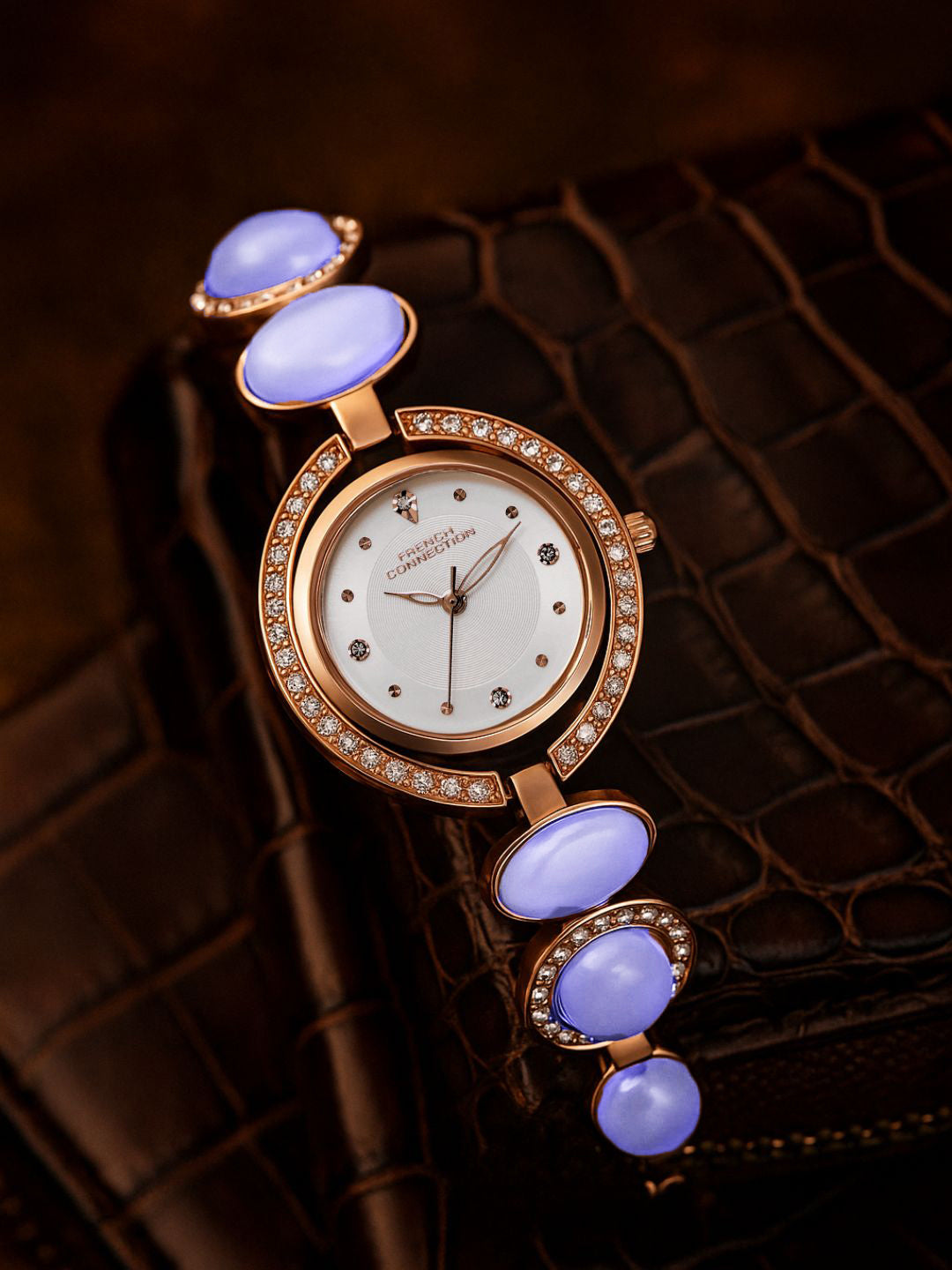 French Connection Sunray Silver Round Dial With Stone Strap Watch - For Womens FCD1SRGM