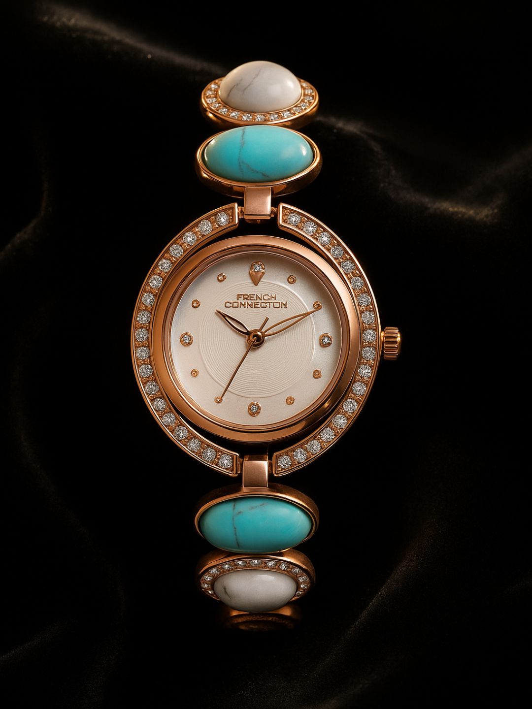 French Connection Sunray Silver Round Dial With Stone Strap Watch - For Womens FCD1URGM