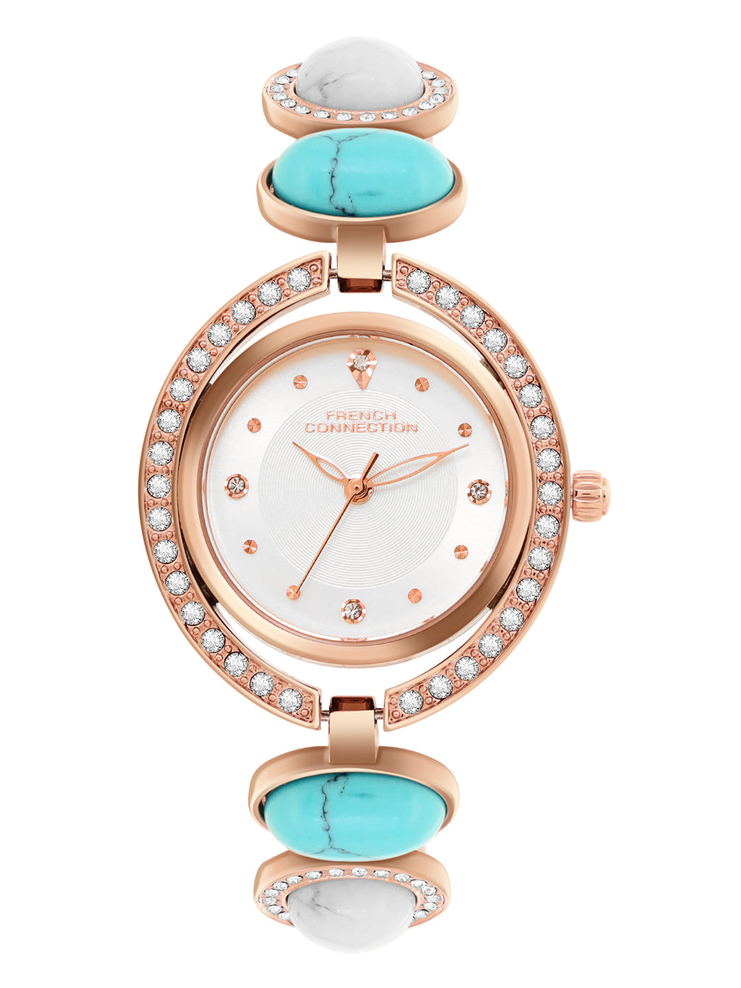 French Connection Sunray Silver Round Dial With Stone Strap Watch - For Womens FCD1URGM