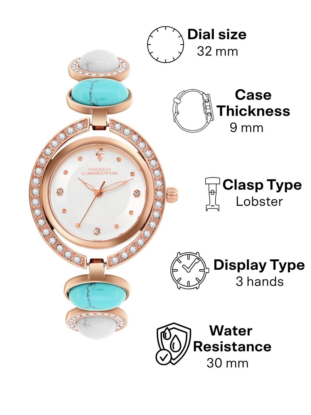 French Connection Sunray Silver Round Dial With Stone Strap Watch - For Womens FCD1URGM