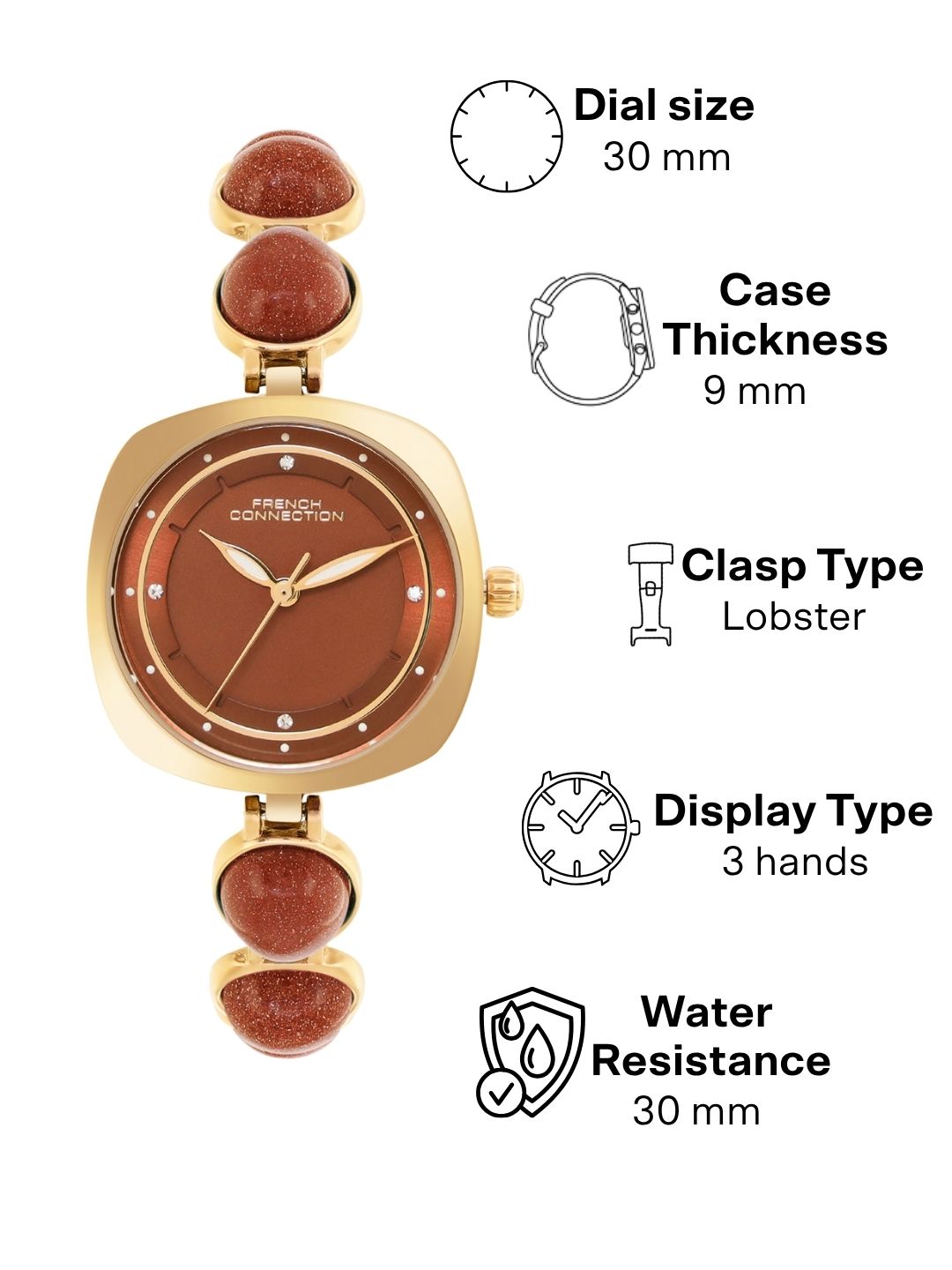 French Connection Sunray Brown Round Dial With Stone Strap Watch - For Womens FCD2BGM