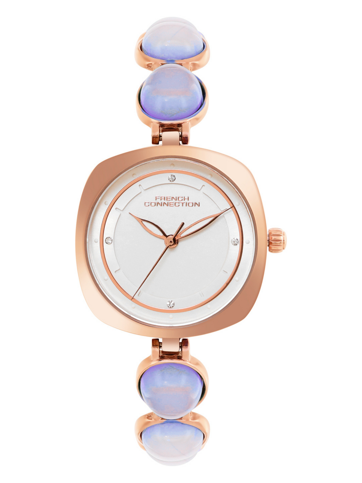 French Connection Sunray Silver Round Dial With Stone Strap Watch - For Womens FCD2RGM