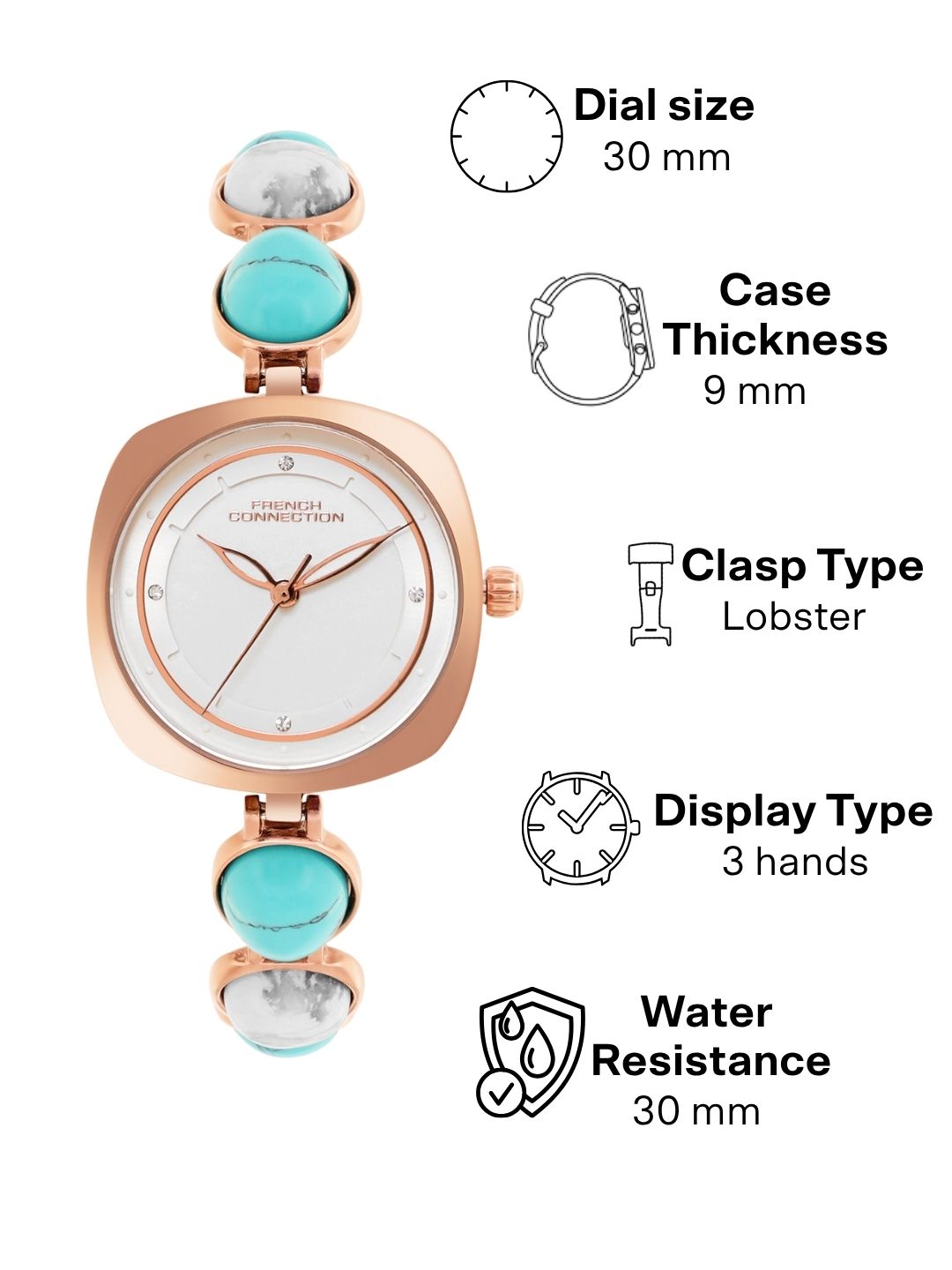French Connection Sunray Silver Round Dial With Stone Strap Watch - For Womens FCD2URGM