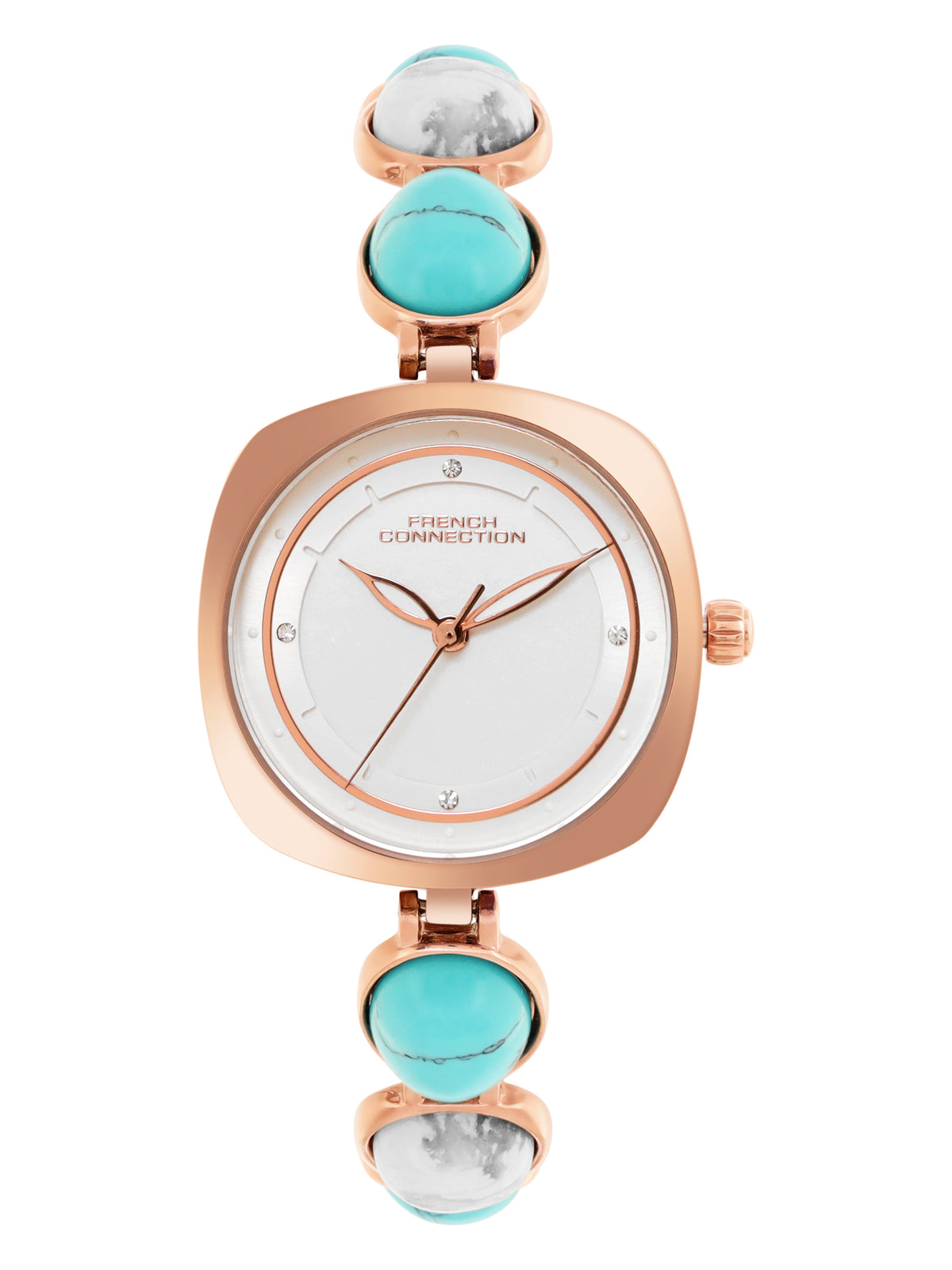 French Connection Sunray Silver Round Dial With Stone Strap Watch - For Womens FCD2URGM