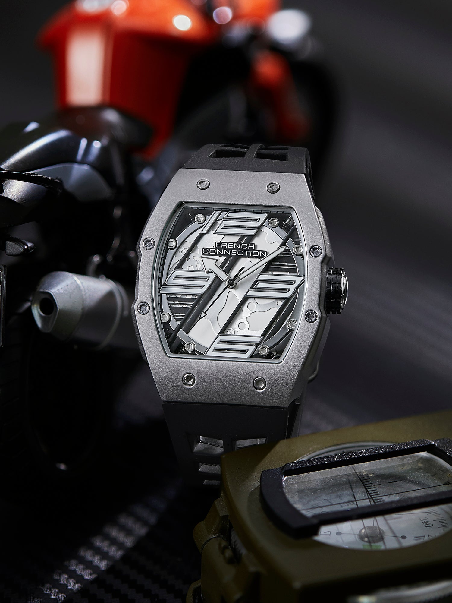 French Connection Axiom | Tonneau Case | Black Dial | Black Silicone Strap | Watch for Men - FCD4B