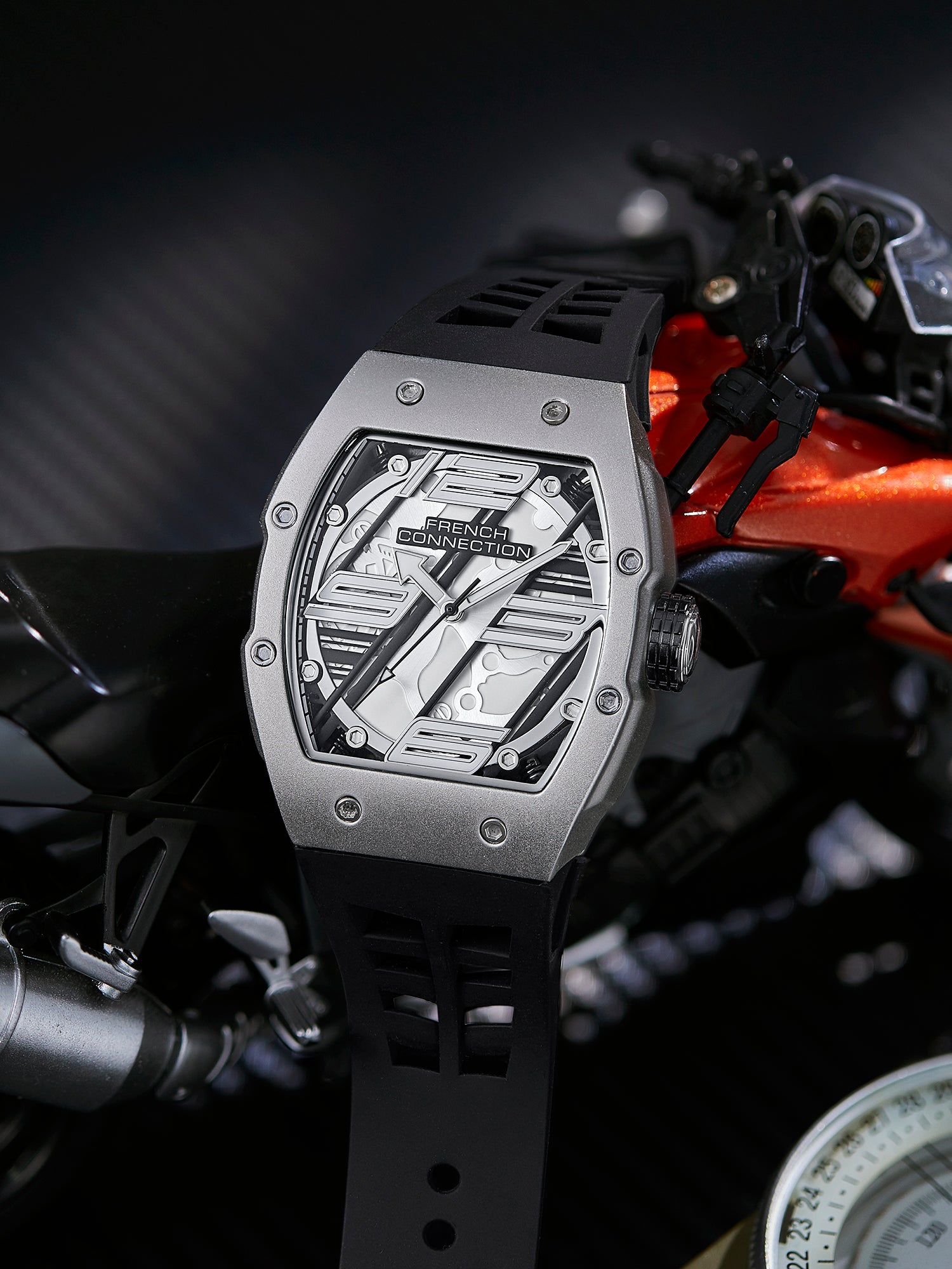 French Connection Axiom | Tonneau Case | Black Dial | Black Silicone Strap | Watch for Men - FCD4B