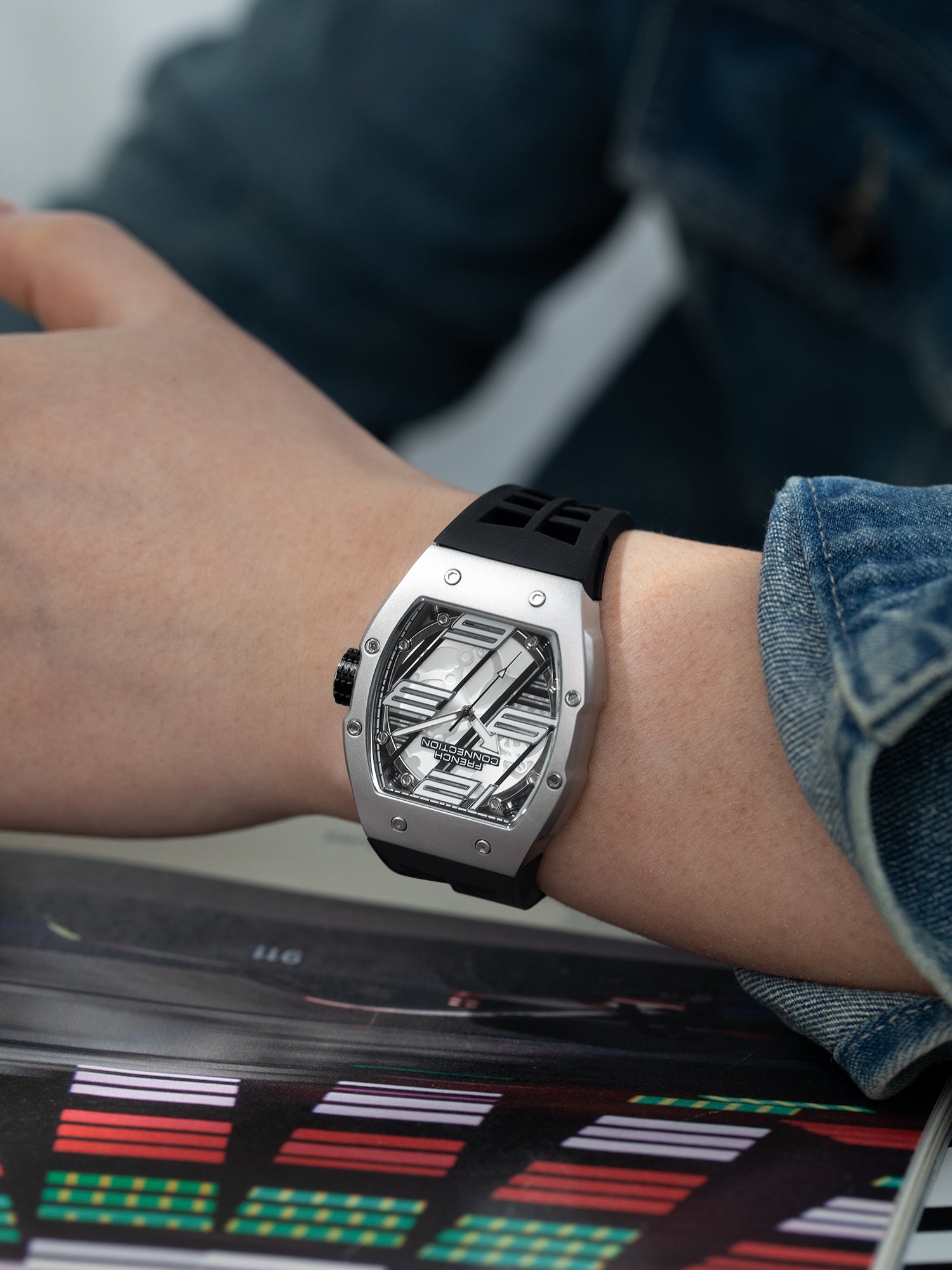 French Connection Axiom | Tonneau Case | Black Dial | Black Silicone Strap | Watch for Men - FCD4B