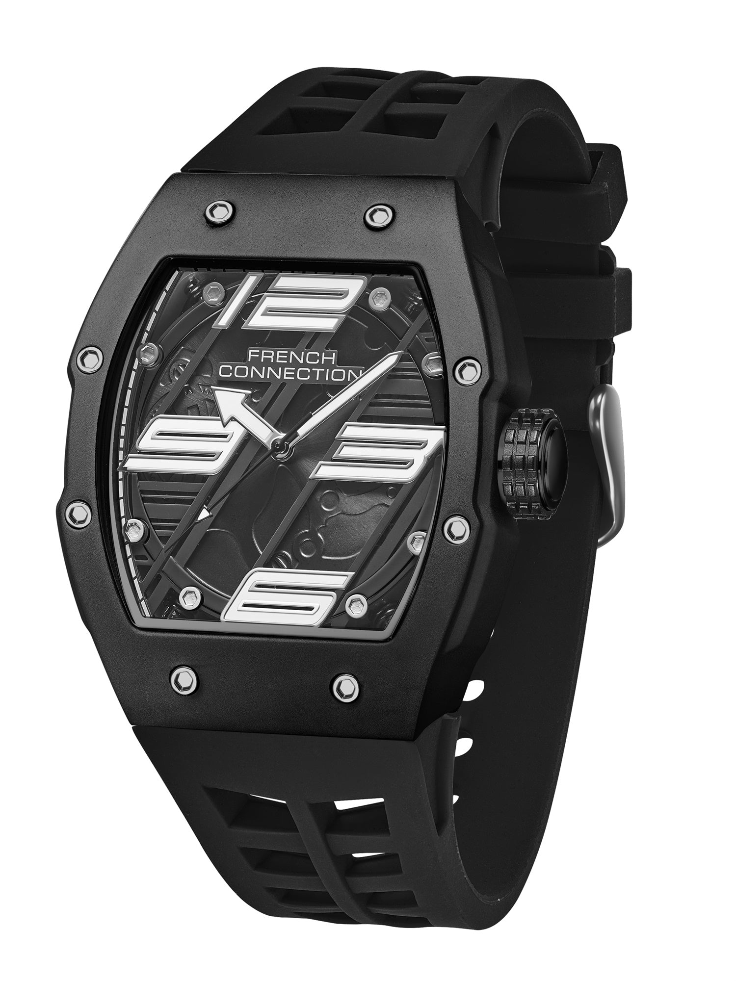 French Connection Axiom | Tonneau Case | Black Dial | Black Silicone Strap | Watch for Men - FCD4BB