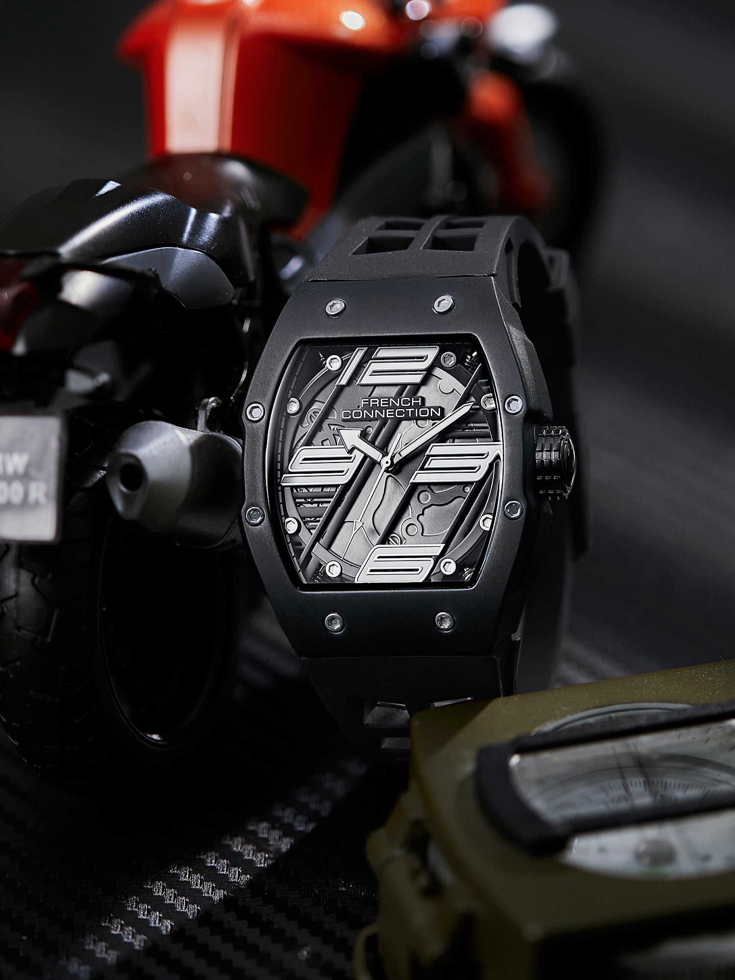 French Connection Axiom | Tonneau Case | Black Dial | Black Silicone Strap | Watch for Men - FCD4BB