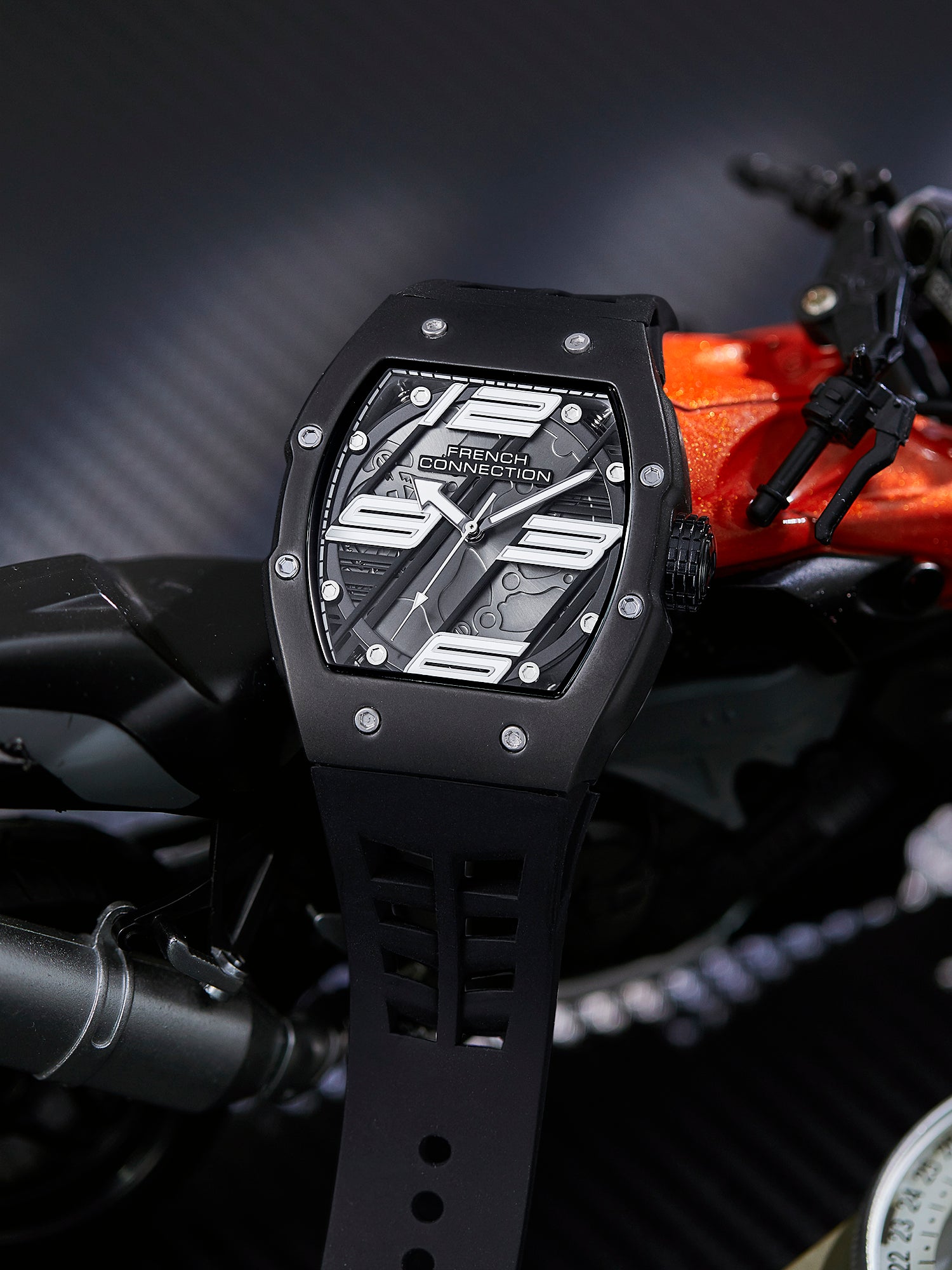 French Connection Axiom | Tonneau Case | Black Dial | Black Silicone Strap | Watch for Men - FCD4BB