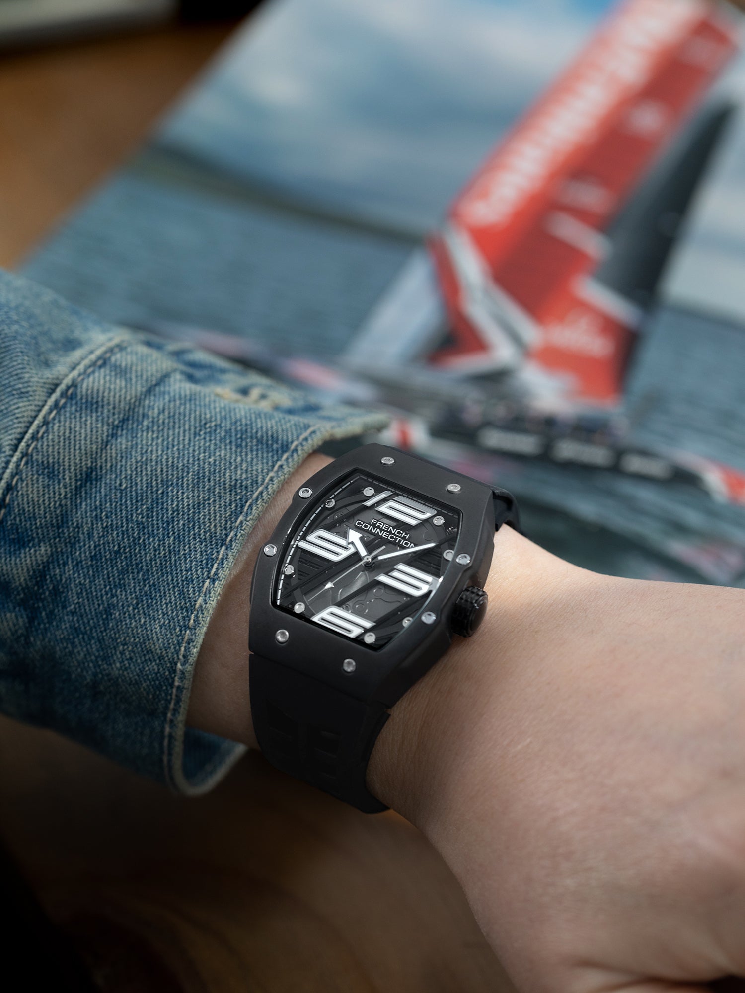 French Connection Axiom | Tonneau Case | Black Dial | Black Silicone Strap | Watch for Men - FCD4BB