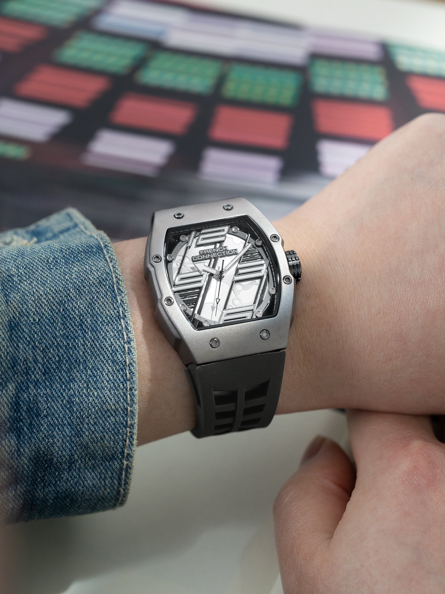 French Connection Axiom | Tonneau Case | Grey Dial | Grey Silicone Strap | Watch for Men - FCD4G