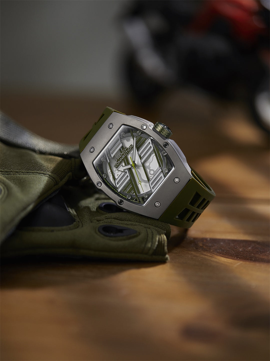 French Connection Axiom | Tonneau Case | Green Dial | Olive Green Silicone Strap | Watch for Men - FCD4N