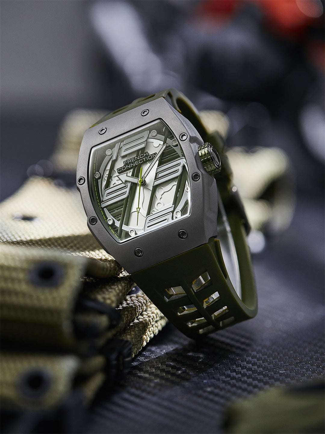 French Connection Axiom | Tonneau Case | Green Dial | Olive Green Silicone Strap | Watch for Men - FCD4N