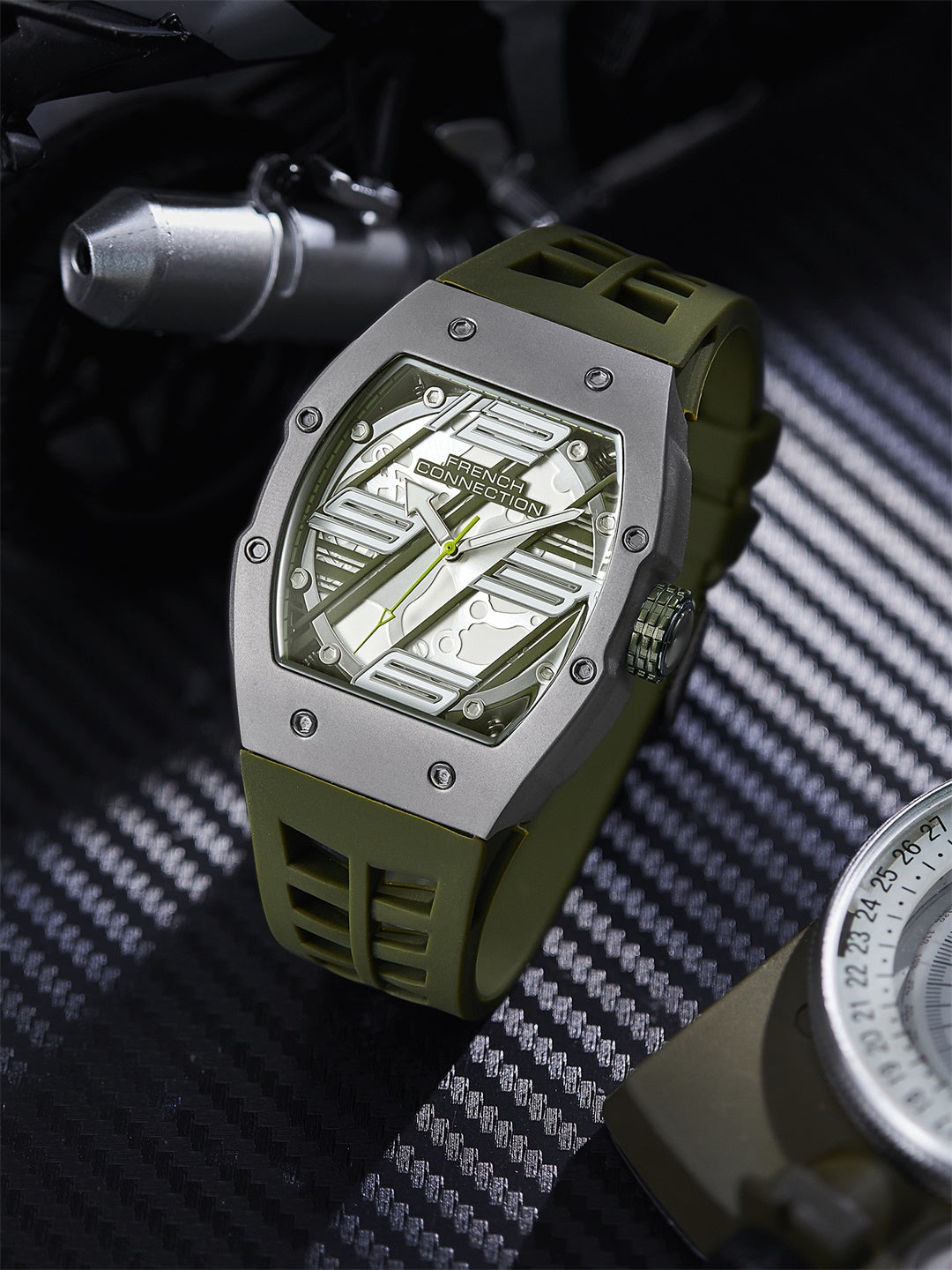 French Connection Axiom | Tonneau Case | Green Dial | Olive Green Silicone Strap | Watch for Men - FCD4N
