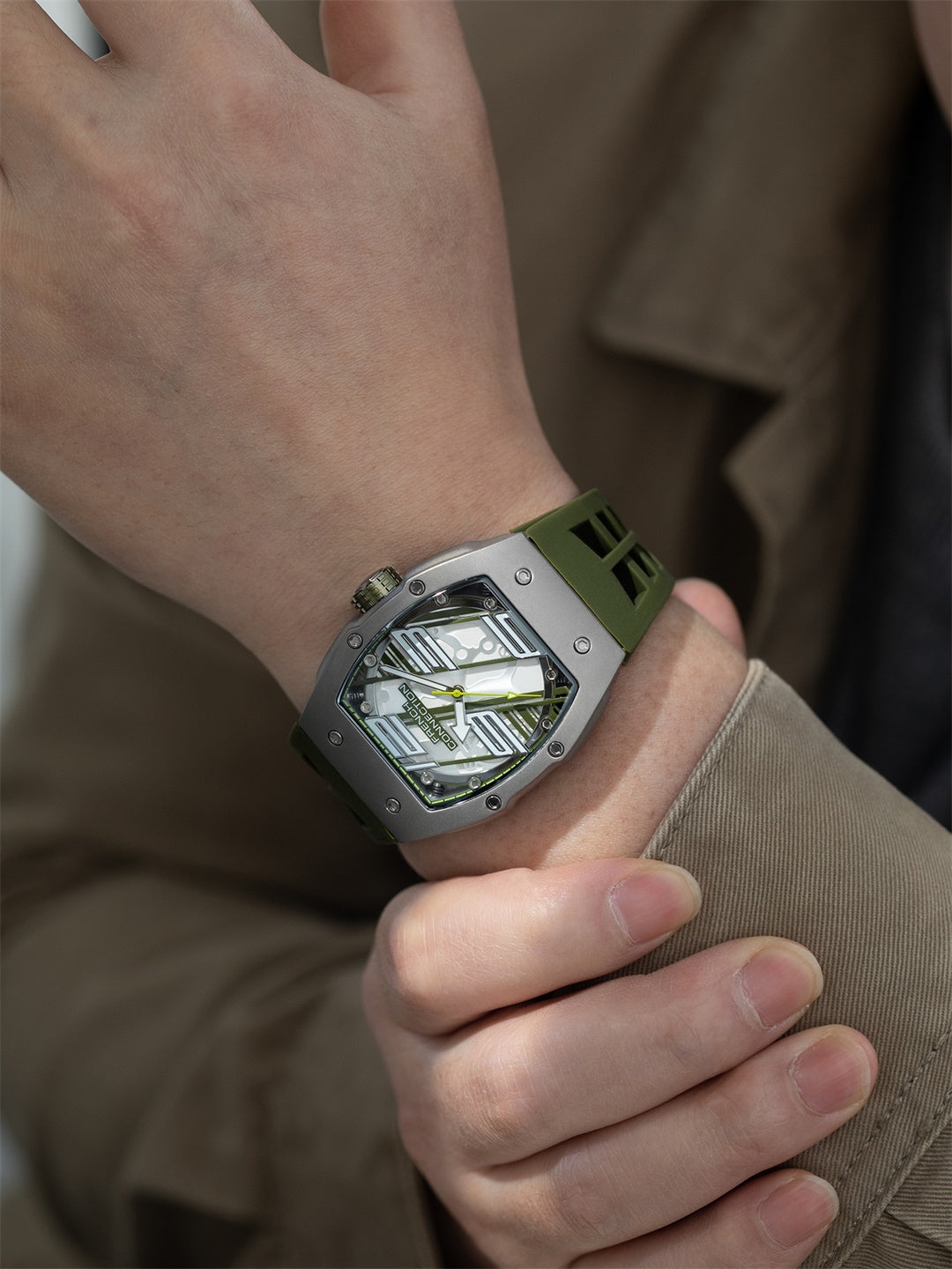 French Connection Axiom | Tonneau Case | Green Dial | Olive Green Silicone Strap | Watch for Men - FCD4N