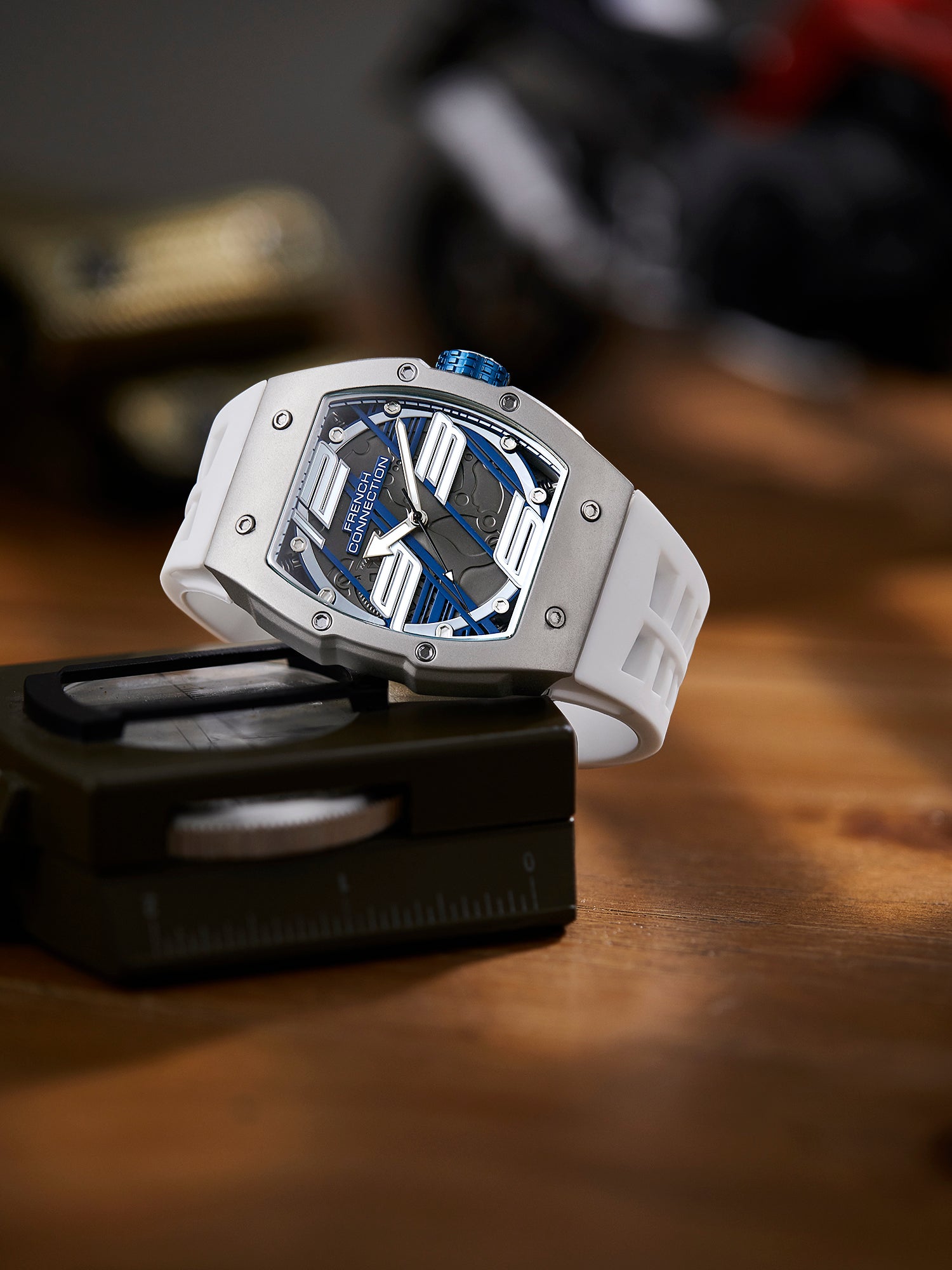 French Connection Axiom | Tonneau Case | Blue Dial | White Silicone Strap | Watch for Men - FCD4W