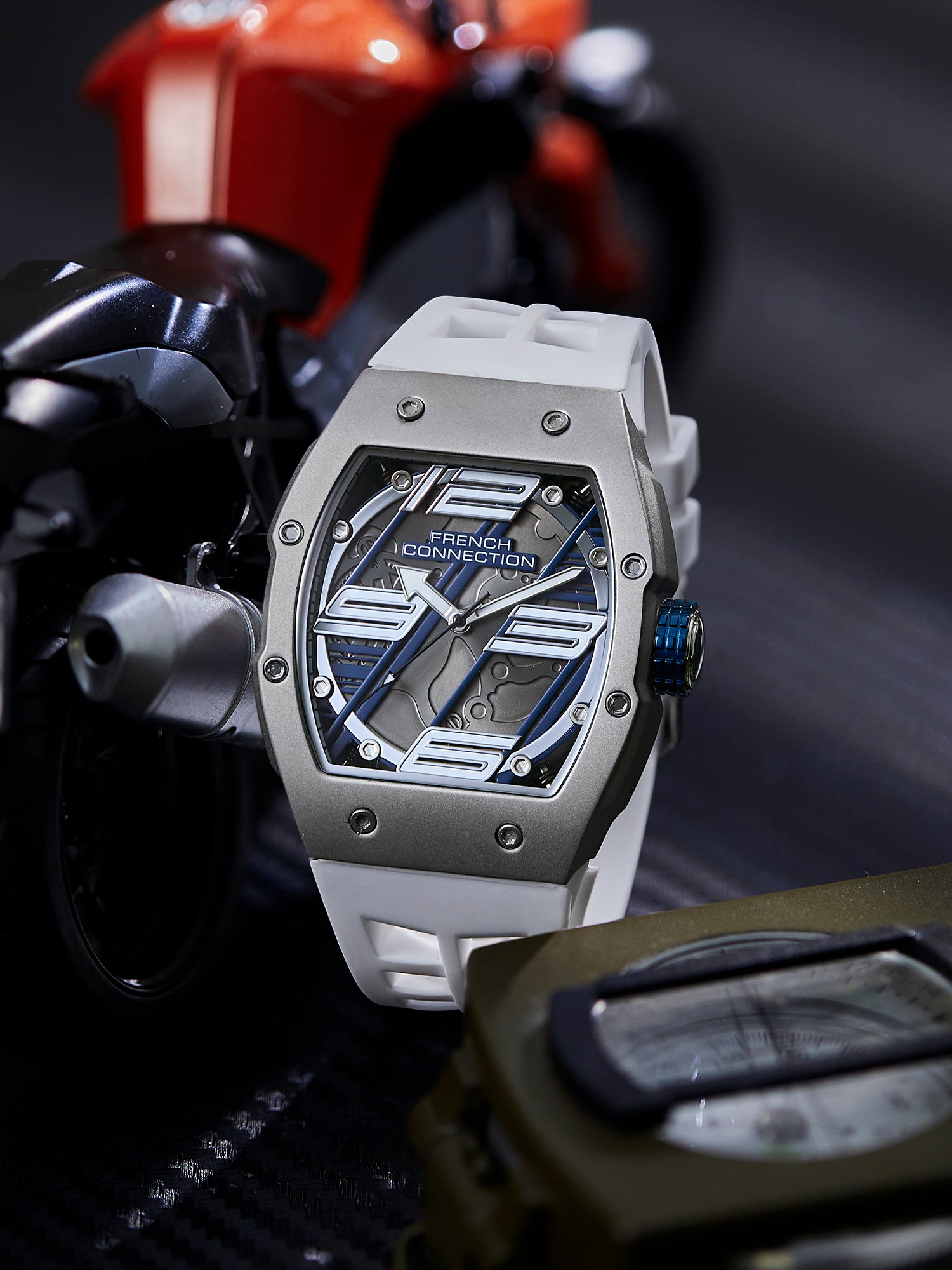 French Connection Axiom | Tonneau Case | Blue Dial | White Silicone Strap | Watch for Men - FCD4W