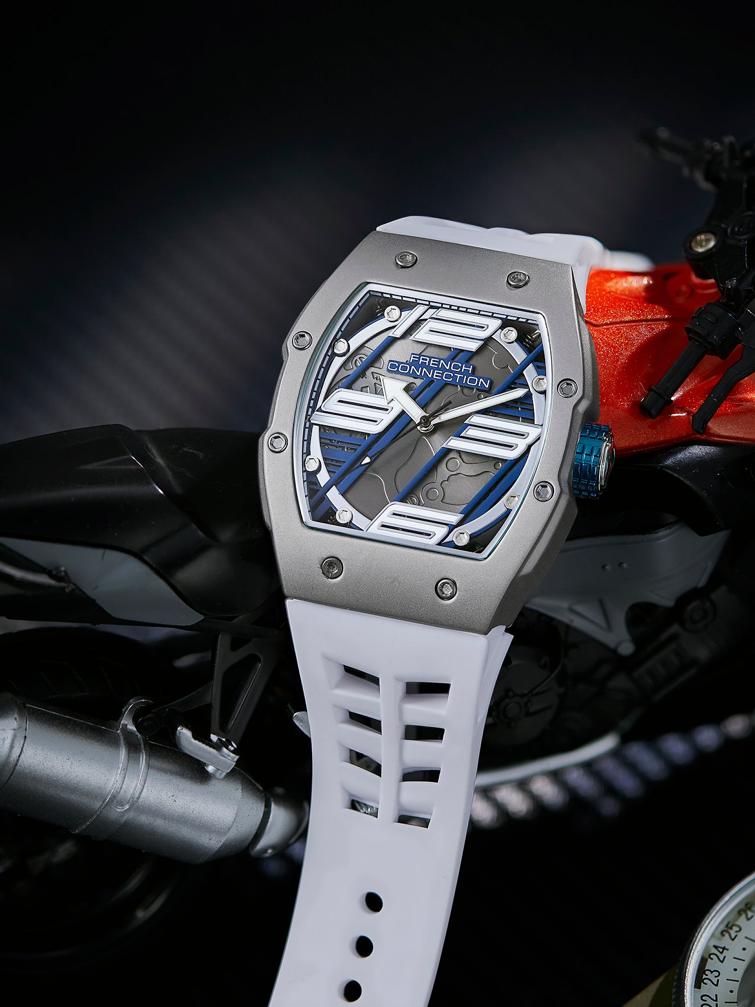 French Connection Axiom | Tonneau Case | Blue Dial | White Silicone Strap | Watch for Men - FCD4W