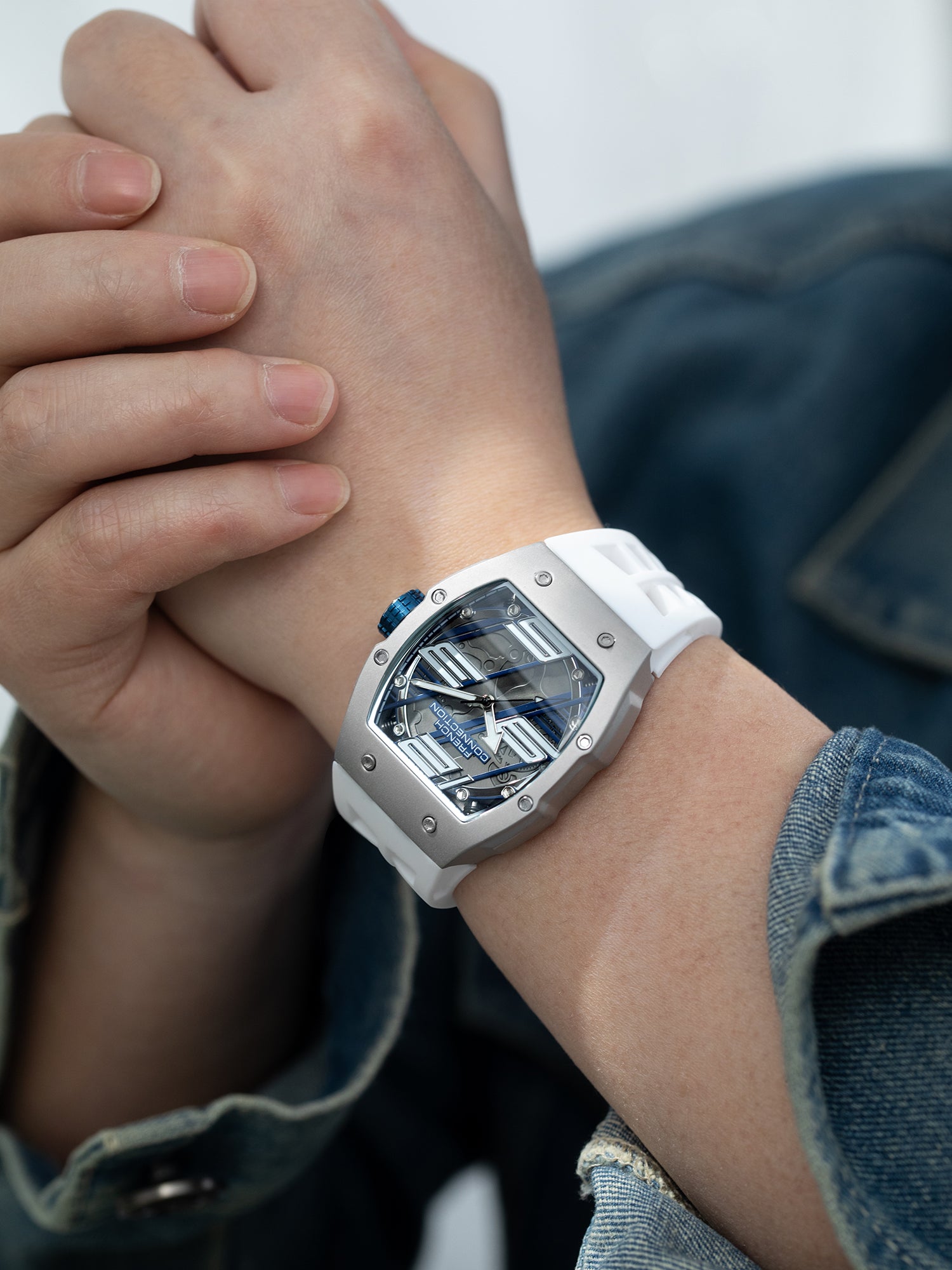 French Connection Axiom | Tonneau Case | Blue Dial | White Silicone Strap | Watch for Men - FCD4W