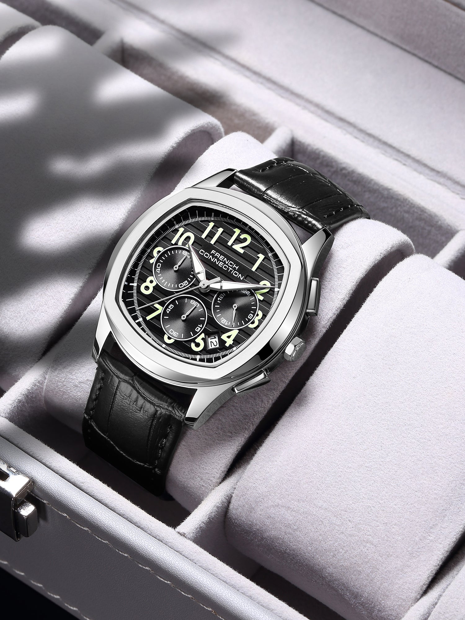 French Connection Megachron | Black Dial | Chronograph | Black Leather Strap | Watch for Men - FCD5BL