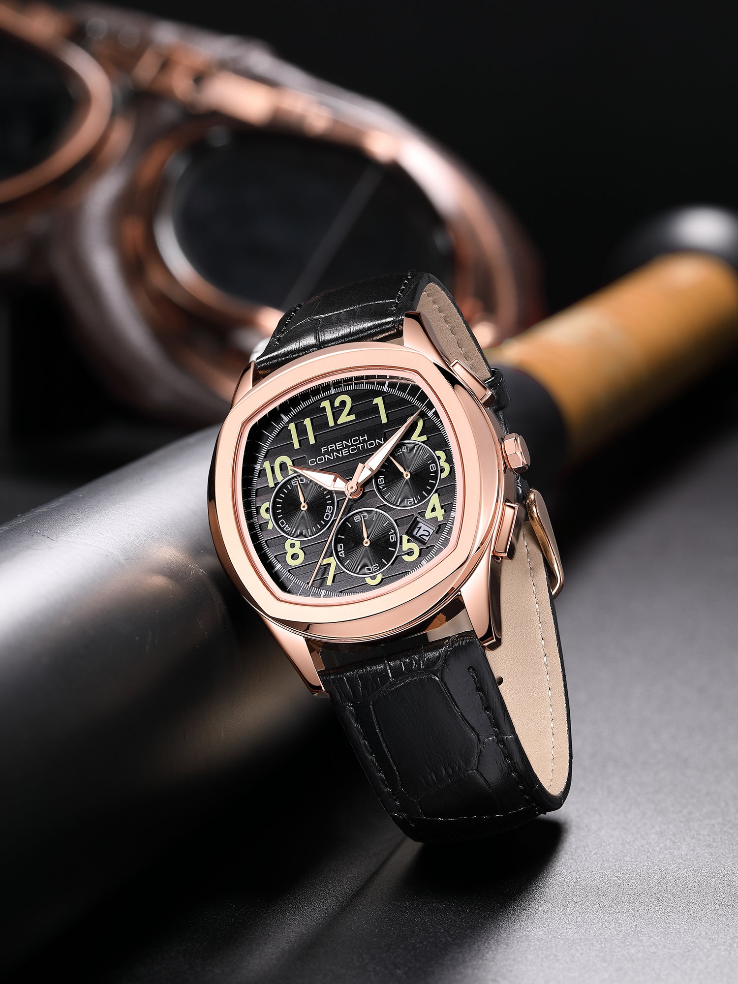 French Connection Megachron | Black Dial | Black Leather Strap | Watch for Men - FCD5RBL