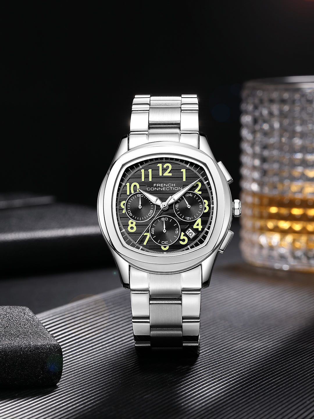 French Connection Megachron | Chronograph Black Dial | Silver Stainless Steel Strap | Watch for Men - FCD5SM