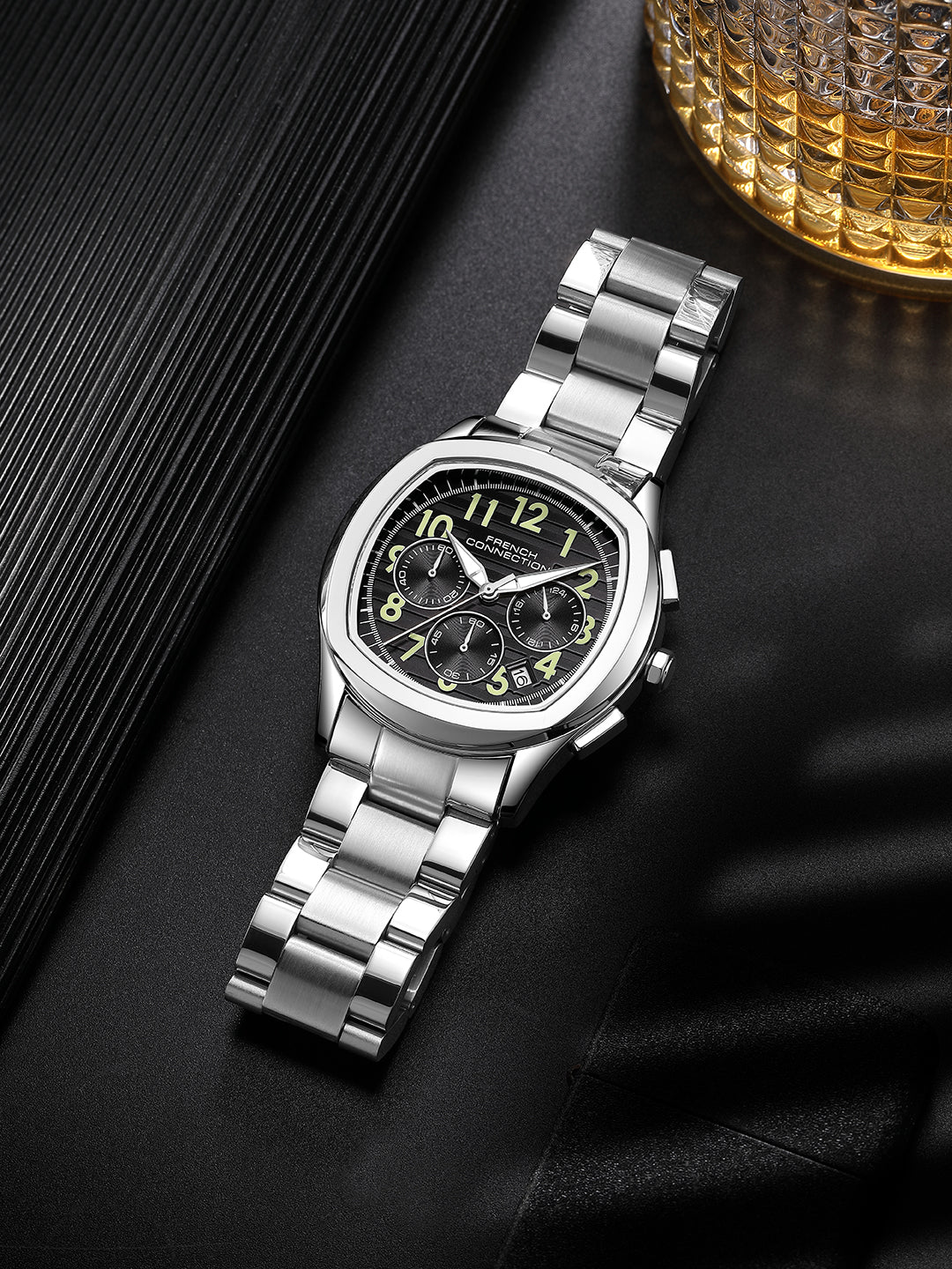 French Connection Megachron | Chronograph Black Dial | Silver Stainless Steel Strap | Watch for Men - FCD5SM