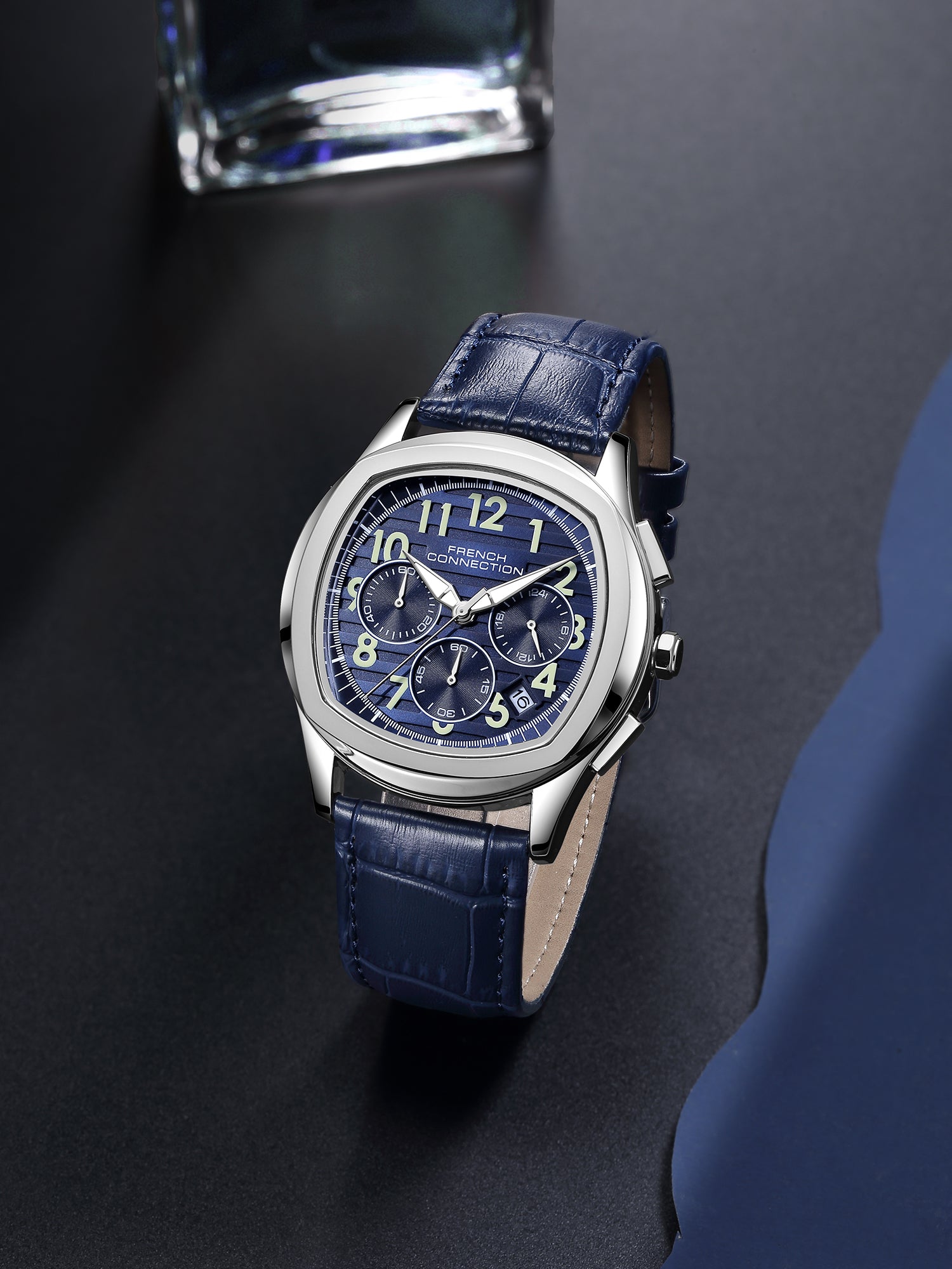 French Connection Megachron | Chronograph Blue Dial | Blue Leather Strap | Watch for Men - FCD5UL