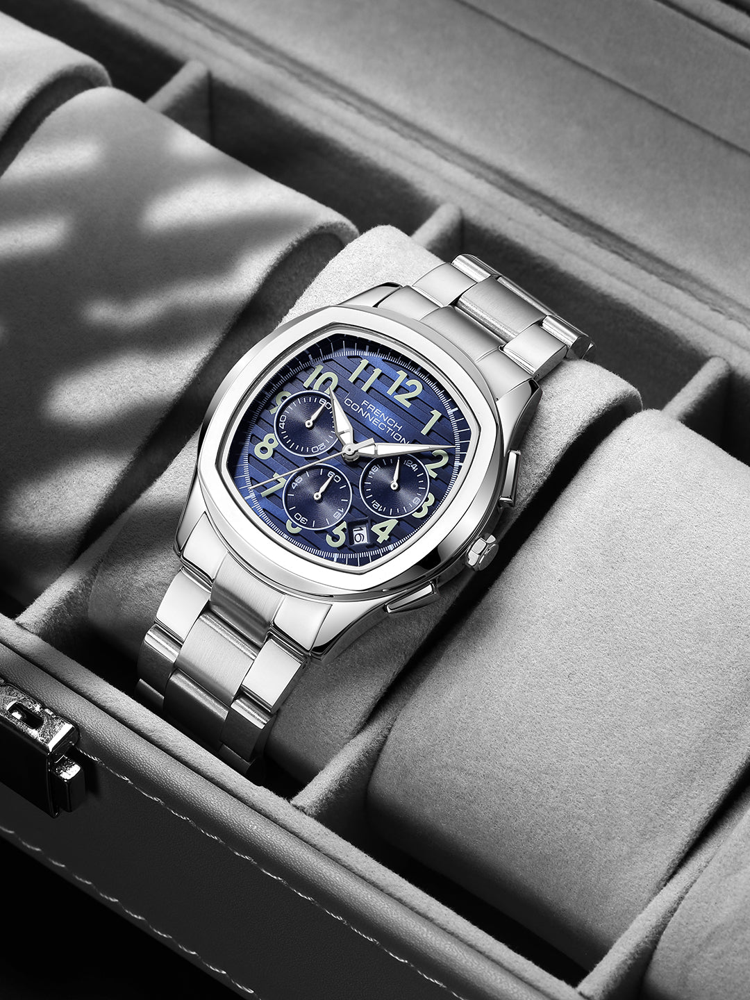 French Connection Megachron | Chronograph Blue Dial | Silver Stainless Steel Strap | Watch for Men - FCD5USM