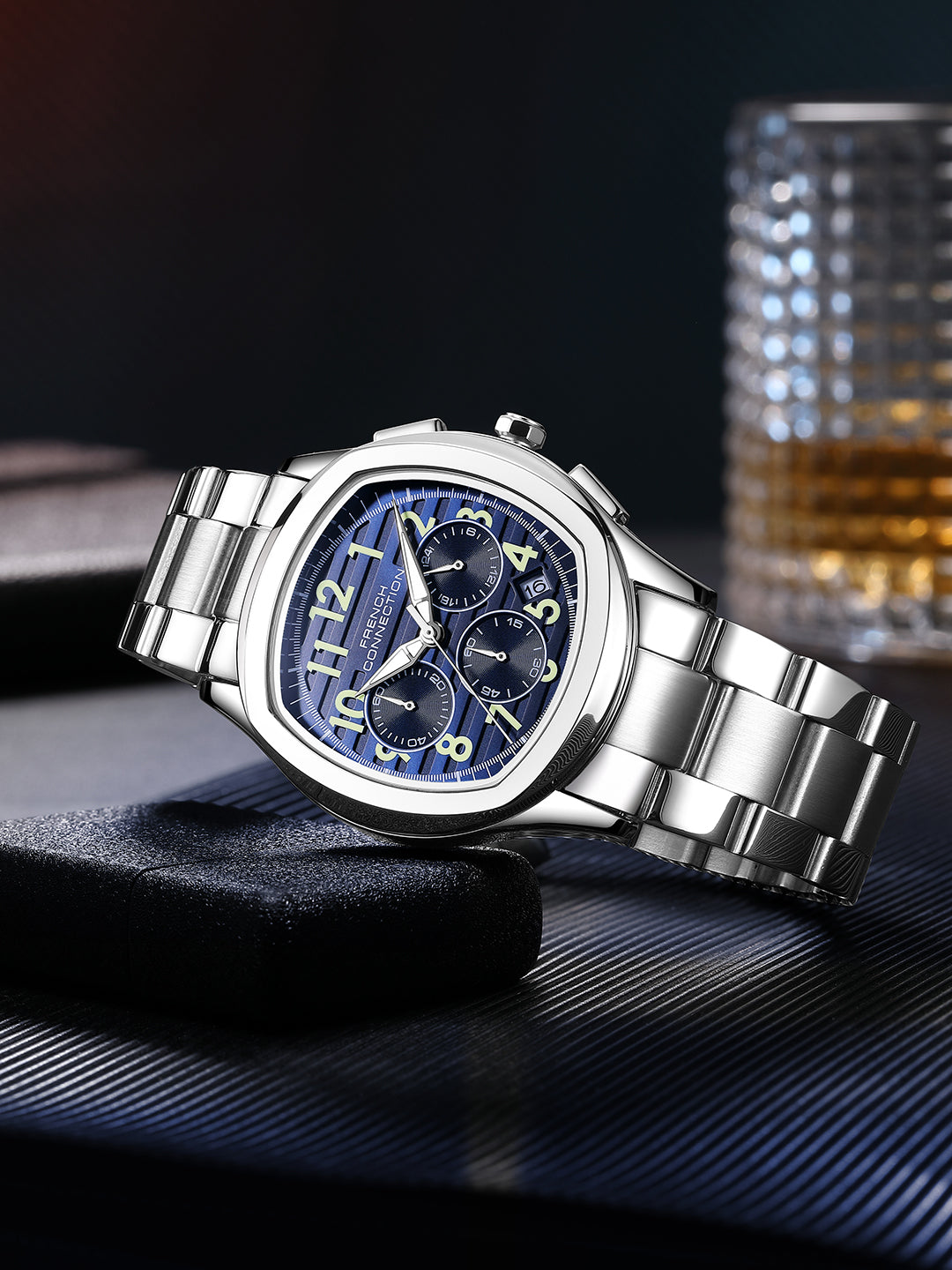 French Connection Megachron | Chronograph Blue Dial | Silver Stainless Steel Strap | Watch for Men - FCD5USM