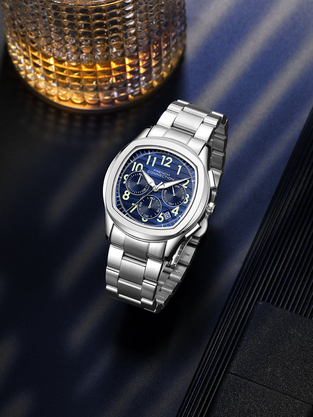 French Connection Megachron | Chronograph Blue Dial | Silver Stainless Steel Strap | Watch for Men - FCD5USM