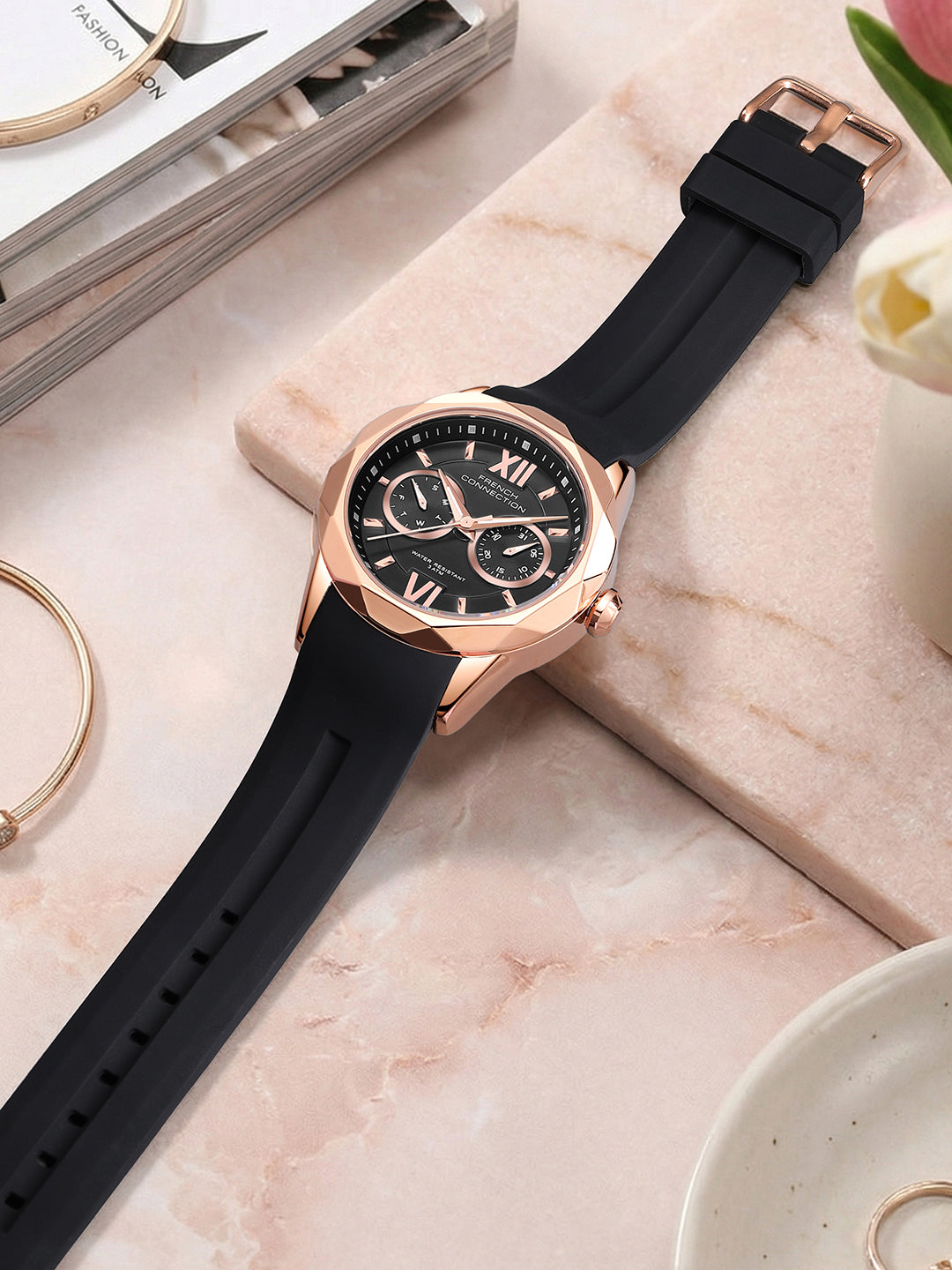 French Connection Octyra | Multi-Function | Rose Gold Case | Black Silicone Strap | Watch for Women - FCD6B