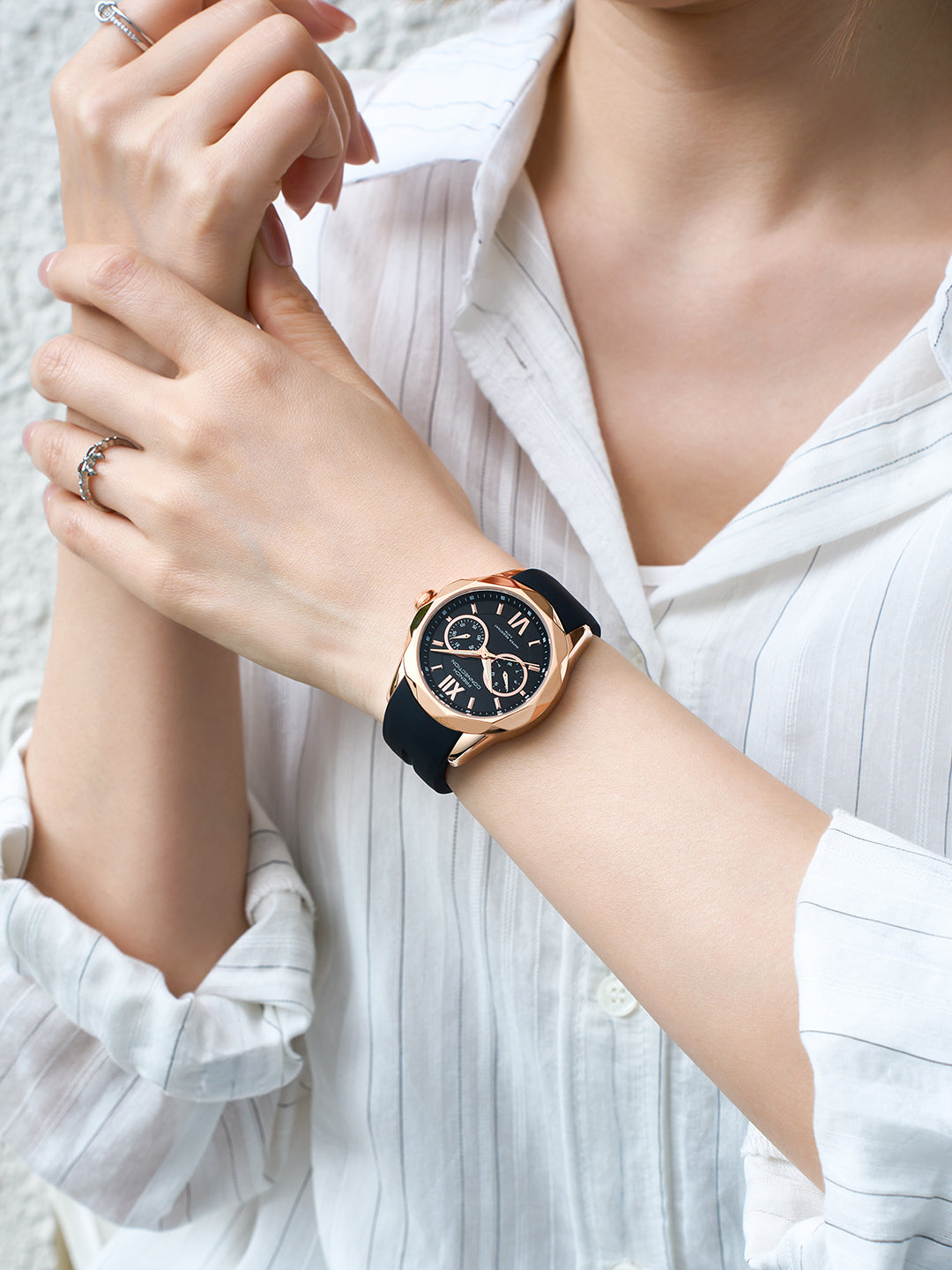 French Connection Octyra | Multi-Function | Rose Gold Case | Black Silicone Strap | Watch for Women - FCD6B